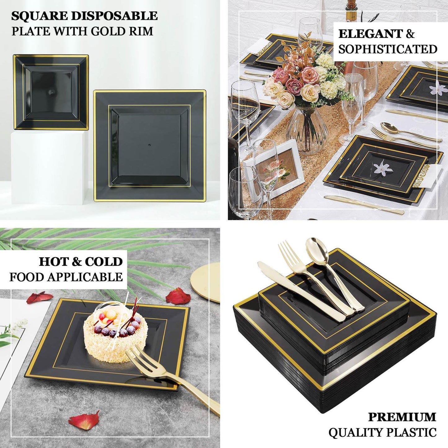 10-Pack Plastic Dinner Plates Black Square with Gold Trim - Lightweight Disposable Plates for Events 10"