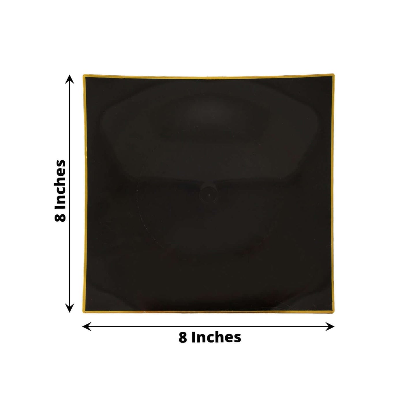 10-Pack Plastic 8" Square Dessert Plates in Black Concave Style with Gold Rim - Modern Disposable Salad Appetizer Party Plates