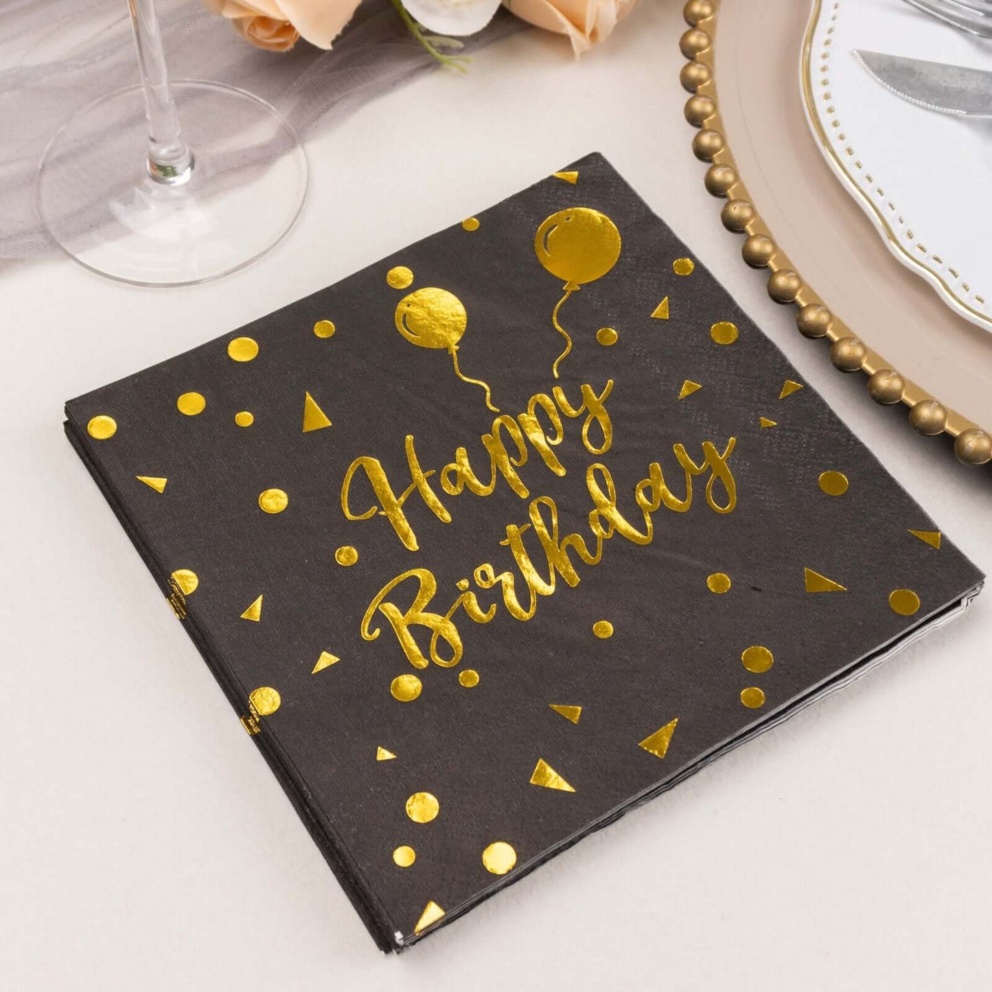 20-Pack Paper Beverage Napkins with Happy Birthday Foil Print Black/Gold - 2 Ply Disposable 18GSM Soft Party Napkins 6.5"x6.5"