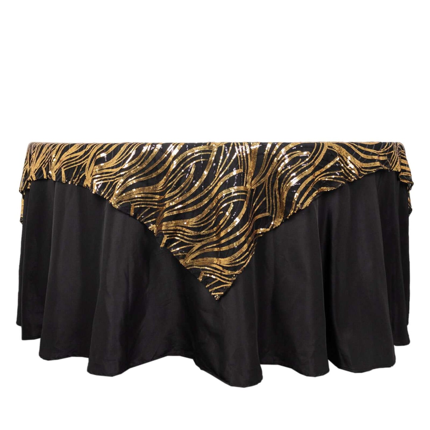 Mesh 72"x72" Table Overlay Square Tablecloth Black Gold - Wave Embroidered Sequins Table Topper