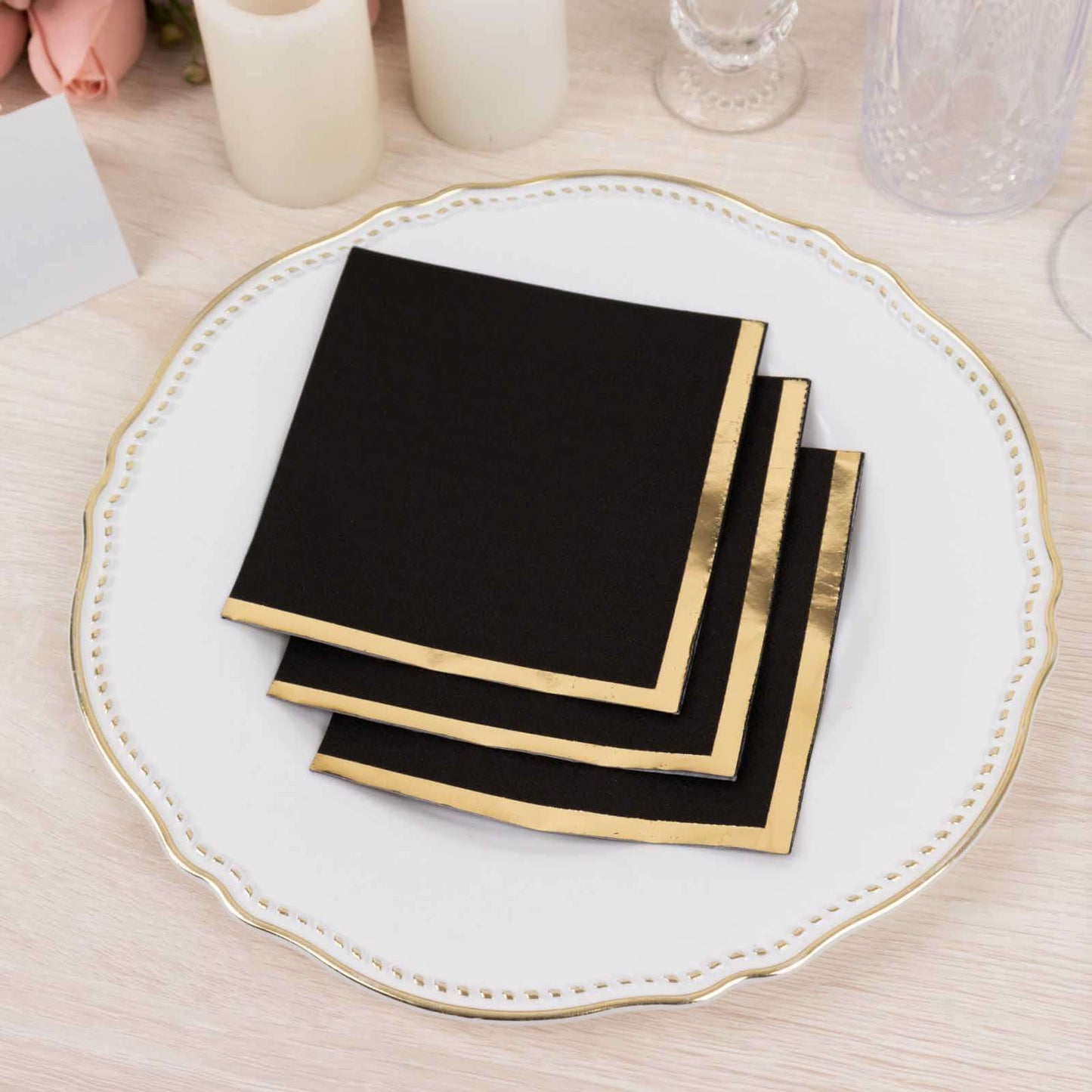 50-Pack Paper Beverage Napkins Black with Gold Foil Edge - 2 Ply Disposable Soft 18GSM Cocktail Napkins for Events 5"x5"