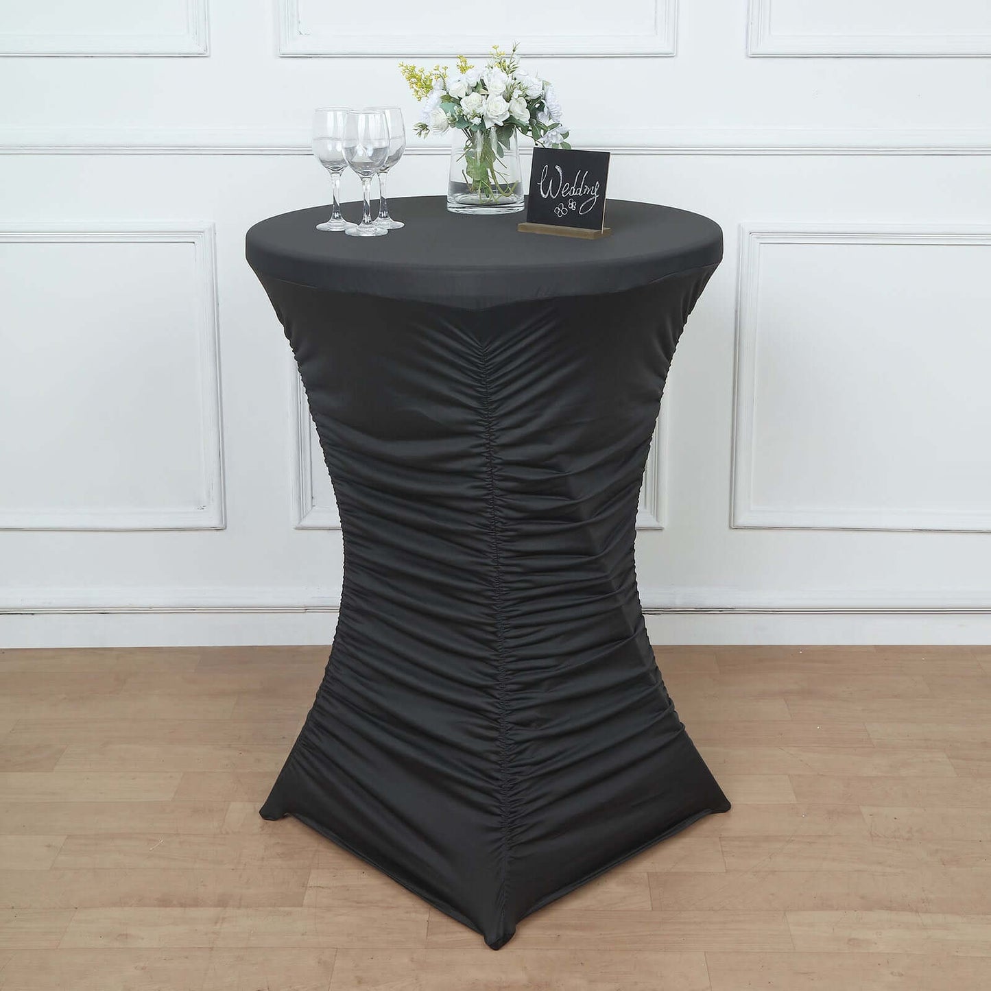 Heavy Duty Spandex 30" Fitted Round Cocktail Table Cover Black Ruched Pleated - Durable Stretch Design