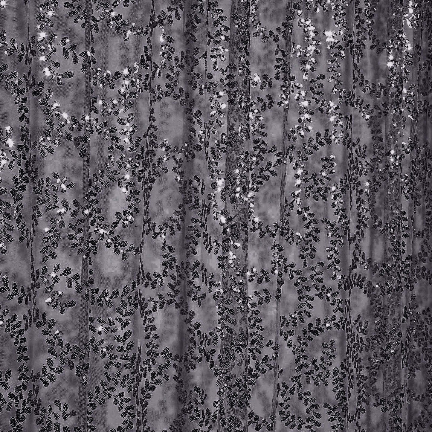 8ftx8ft Black Embroider Sequin Event Curtain Drapes, Sparkly Sheer Backdrop Event Panel With Embroidery Leaf