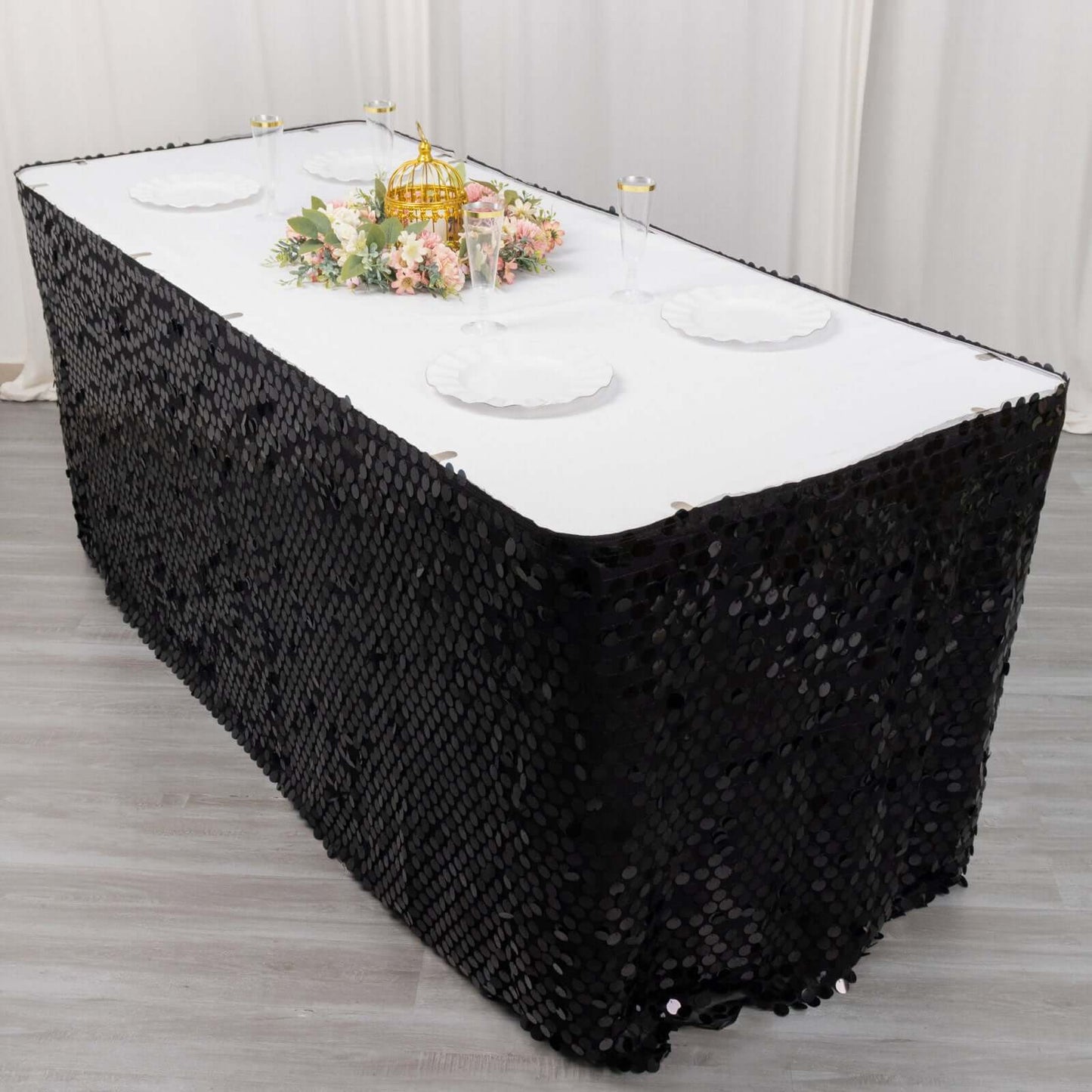 Payette Sequin 21ft Table Skirt Black - Dual Layered Satin Table Cover