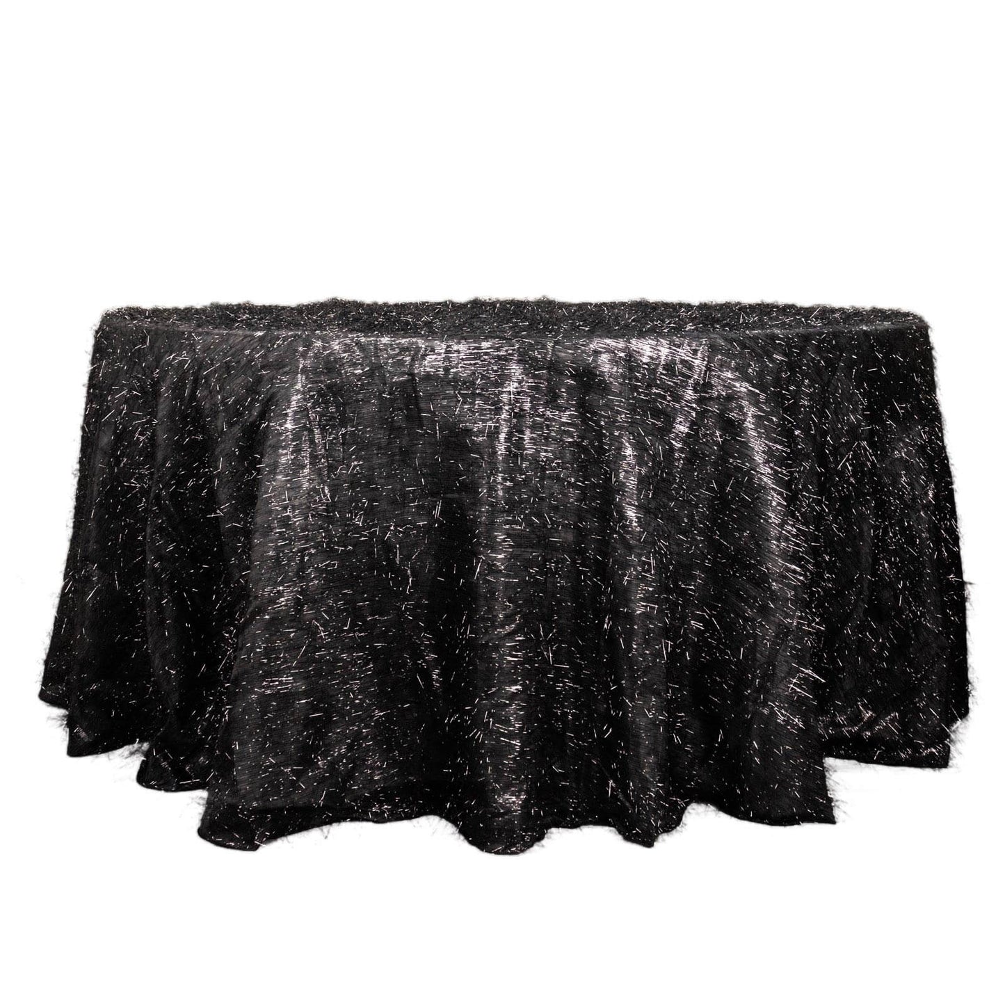 Polyester 120" Round Black Tablecloth Metallic Fringe Shag Tinsel Table Cover