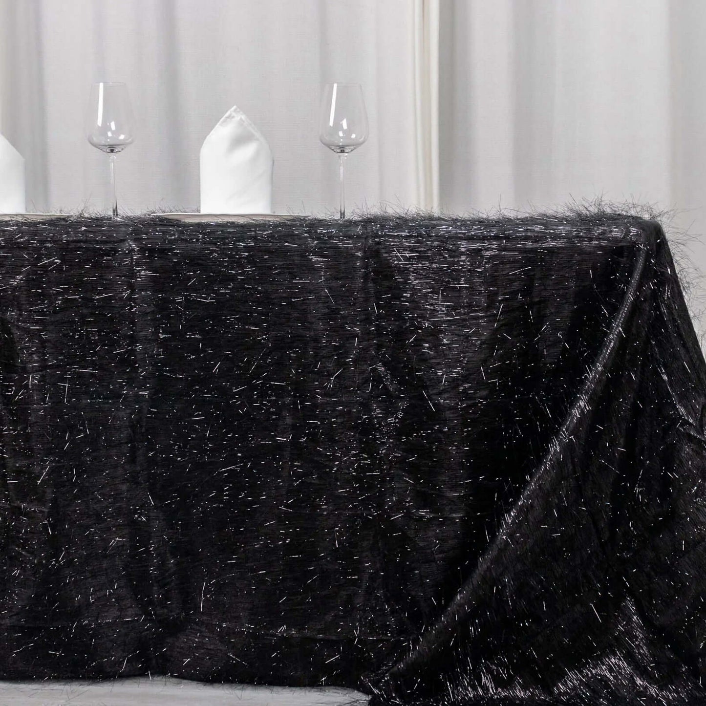 Polyester 90"x156" Rectangle Tablecloth Black Metallic Fringe Shag Tinsel Table Cover