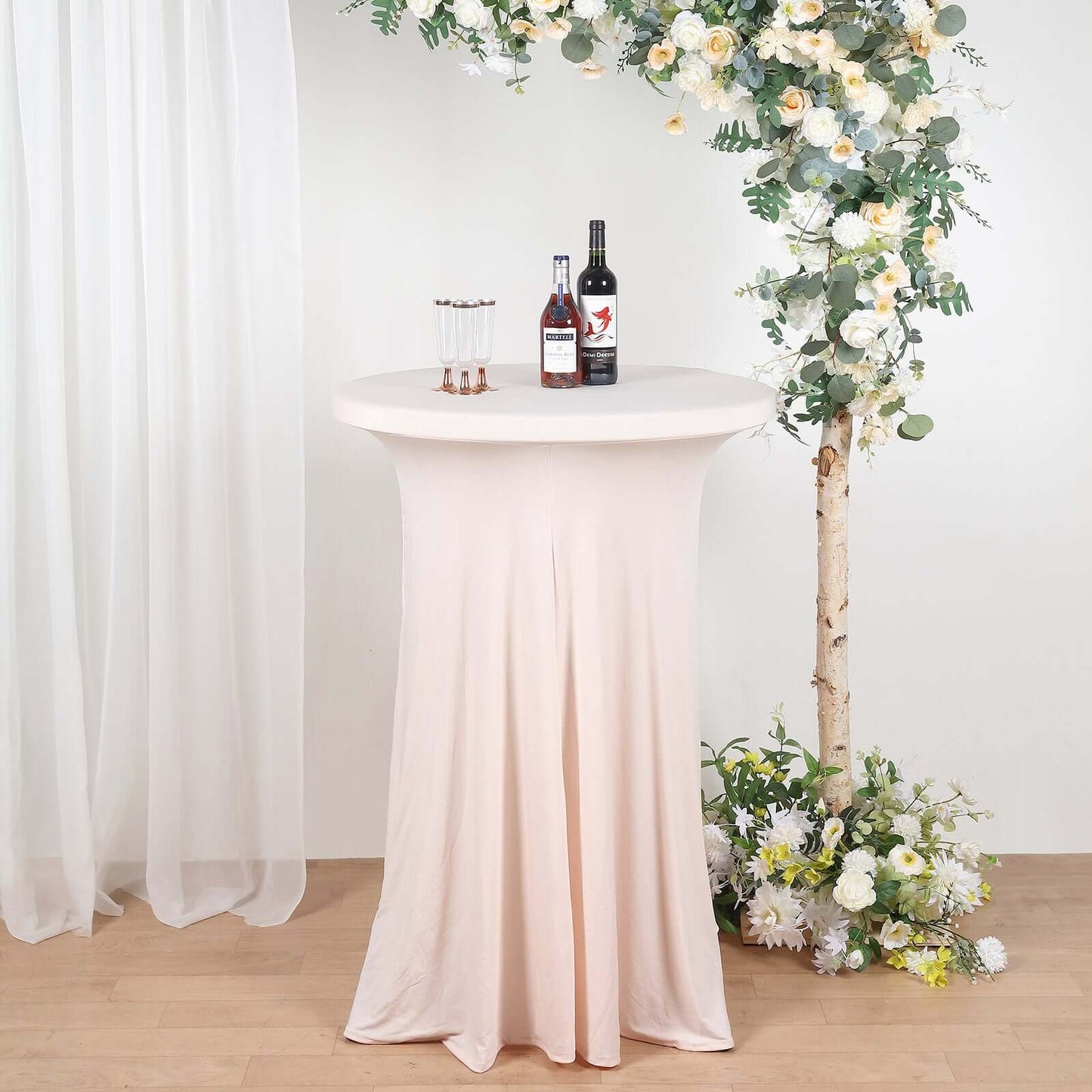 Spandex 30" Round Cocktail Table Cover Skirt Blush With Natural Wavy Drapes