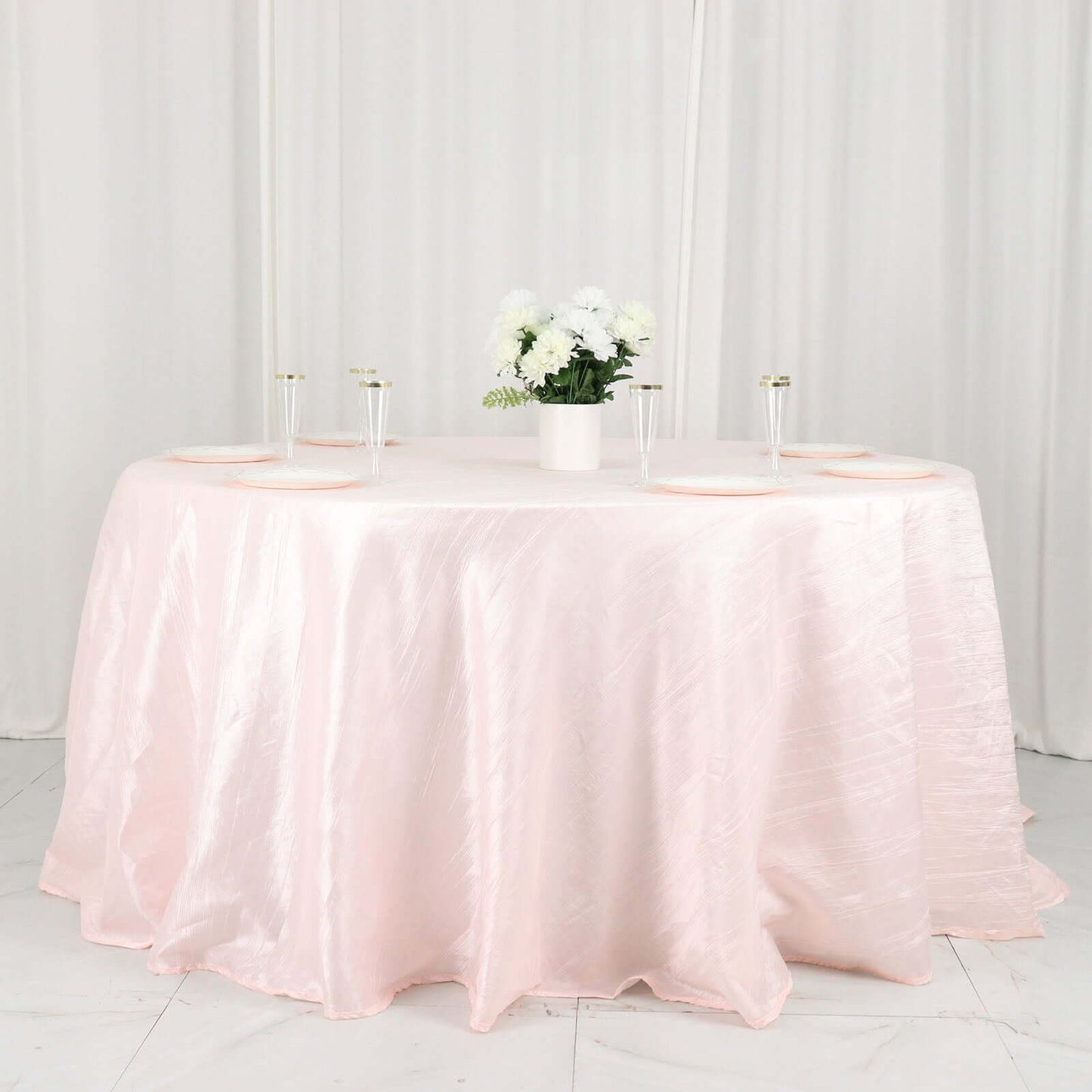 Taffeta 132" Round Tablecloth Blush - Seamless Accordion Crinkle Table Cover