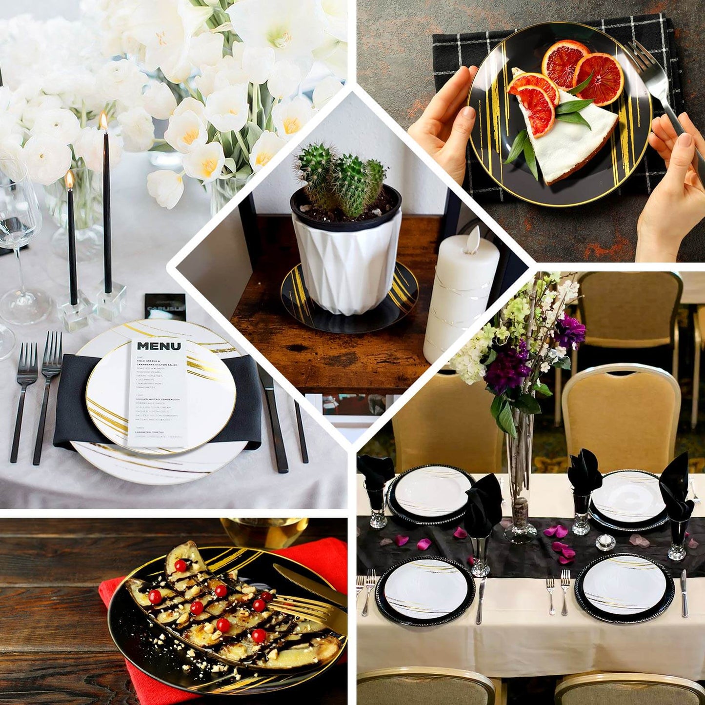 10-Pack Plastic 10" Round Dinner Plates in Navy Blue with Gold Brush Stroked Print - Disposable Party Dinnerware