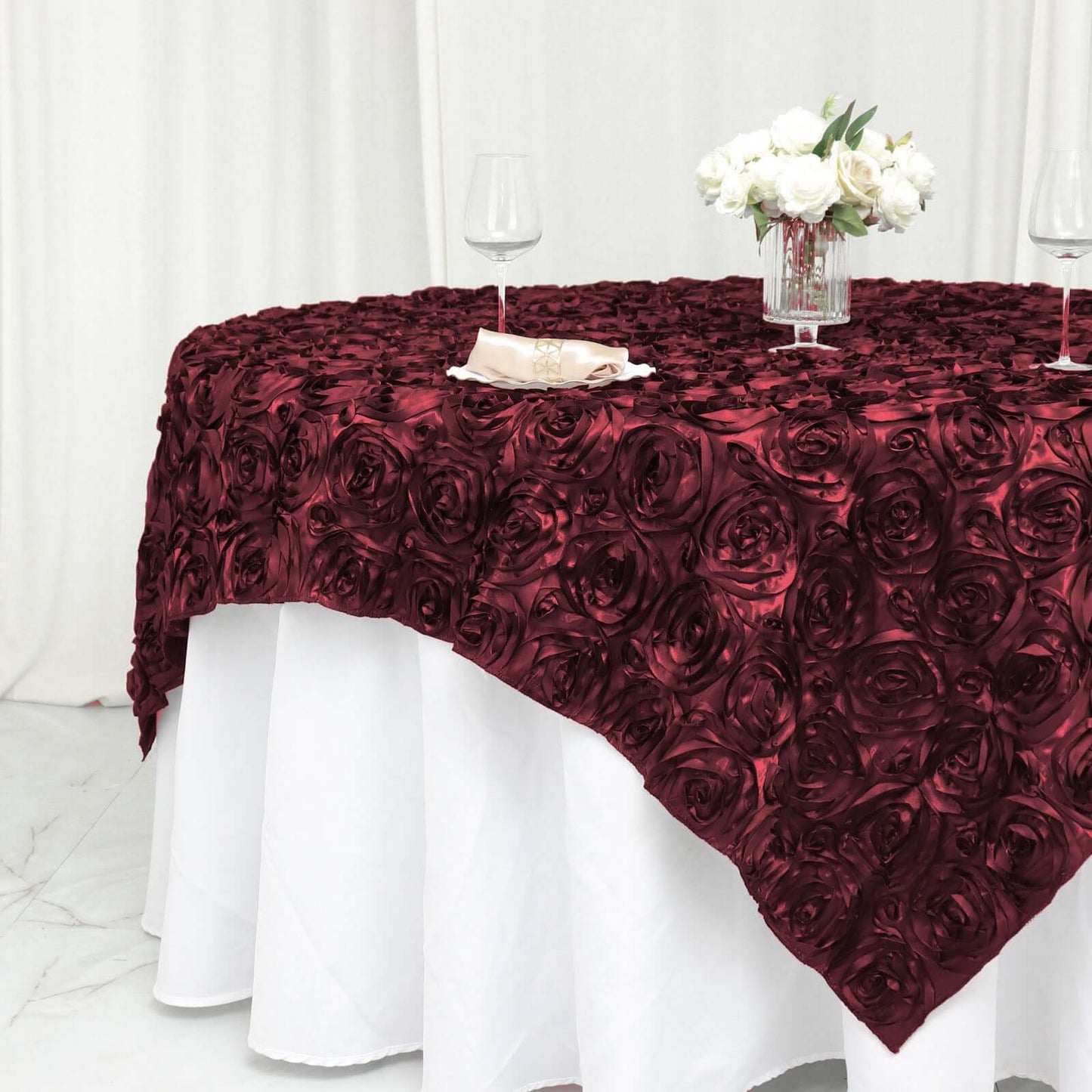 Satin 72"x72" Table Overlay Square Tablecloth Burgundy - 3D Rosette Table Cover