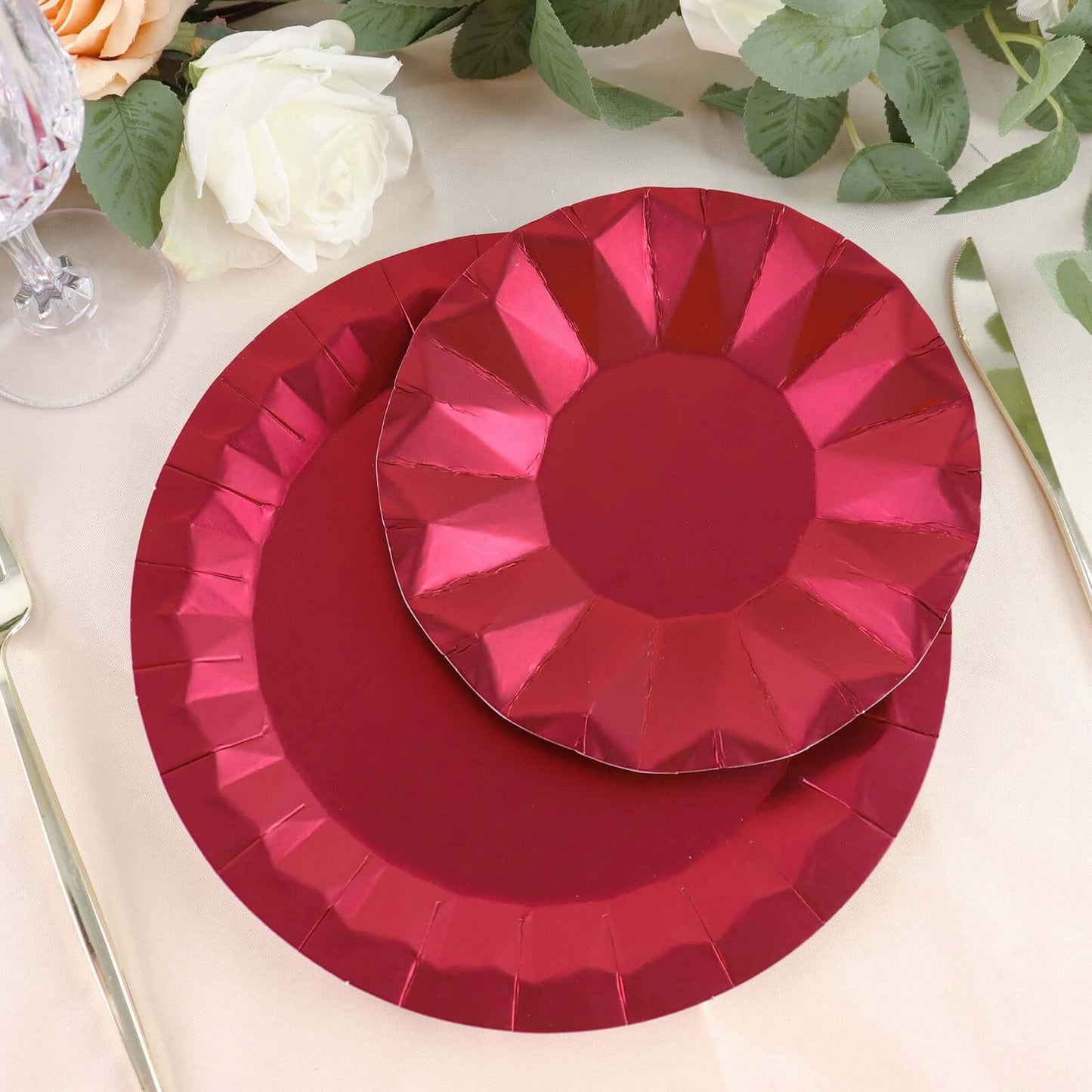 25-Pack Paper 7" Round Dessert Plates in Burgundy with Geometric Prism Rim - Disposable 400GSM Appetizer Salad Plates