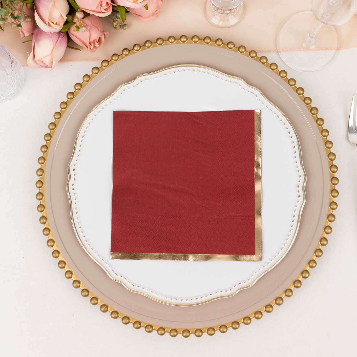 50-Pack Paper Beverage Napkins with Gold Foil Edge Burgundy - Disposable 2 Ply Cocktail Napkins for Events 6.5"x6.5"
