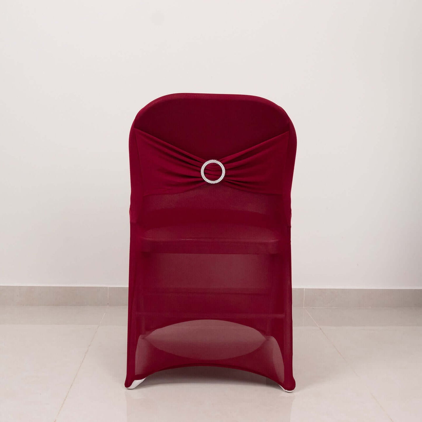 Stretch Spandex Chair Cover Burgundy for Folding Chairs - Secure Fit Slipcover with Silver Rhinestone Buckled Sash Band