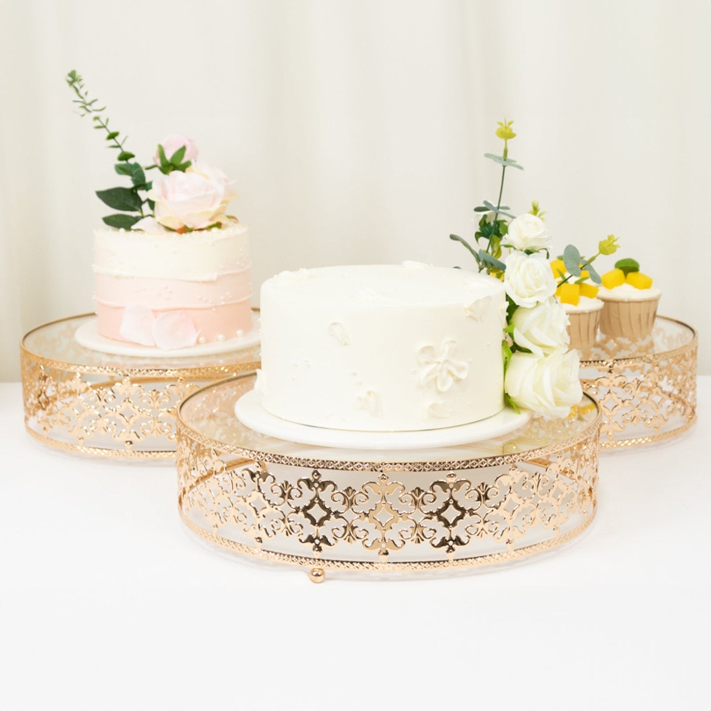 Set of 3 Cake Stands Baroque Ornate Design with Glass Top Gold - Stackable Dessert Display Trays Metal 10", 12", 14"