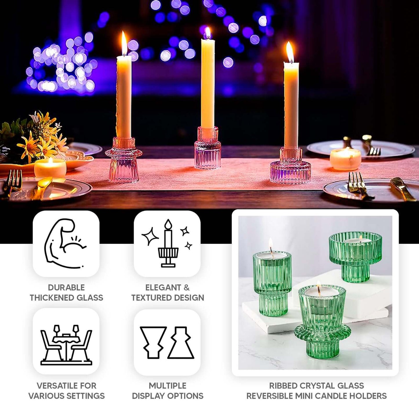 Set of 6 Glass Taper Candle Holders Ribbed Crystal Design Hunter Emerald Green - Reversible Mini Votive Tealight Stands 3"