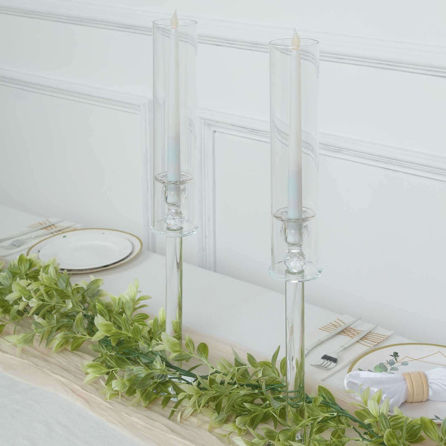 2-Pack Crystal Glass Hurricane Taper Candle Holders, Tall Decorative Candle Stands Clear Cylinder Chimney Tubes 22"