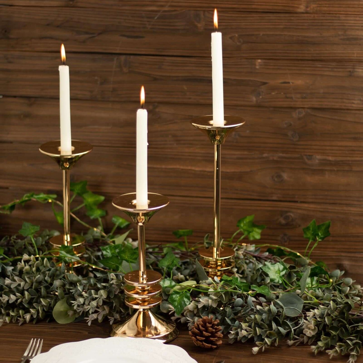 Set of 3 Taper Candlestick Holders Gold Metal with 3 Disk Pedestal Design - Decorative Centerpieces 9", 11", 13"
