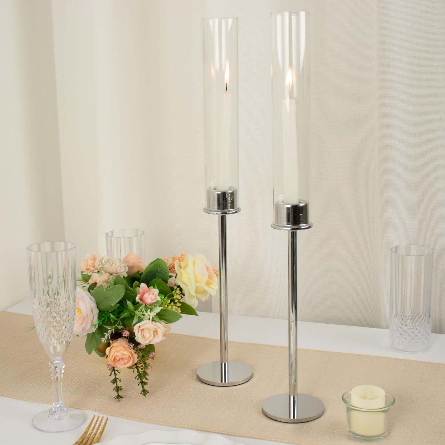 2-Pack Silver Metal Taper Candlestick Holders, Clear Glass Hurricane Candle Stands With Chimney Candle Shades 20"