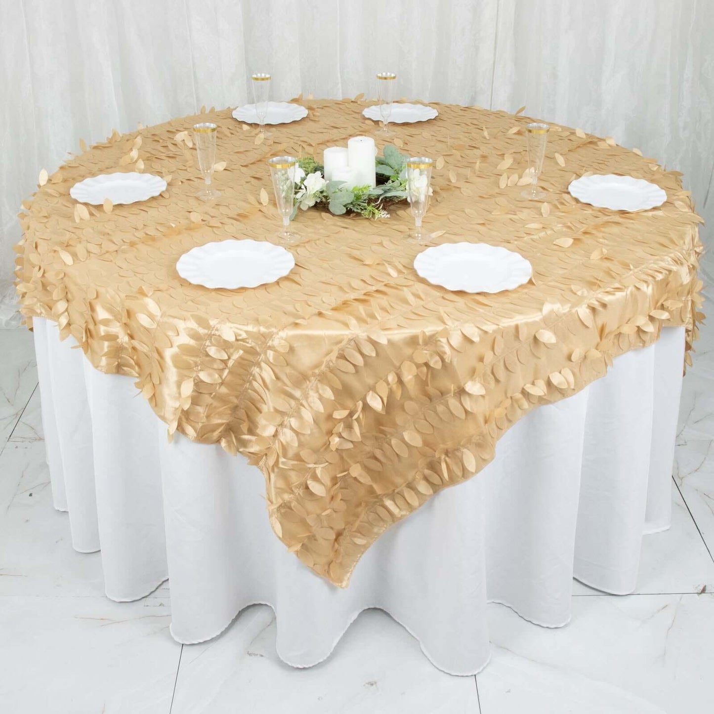 Taffeta 72"x72" Table Overlay Square Tablecloth Champagne - 3D Leaf Petal Table Cover