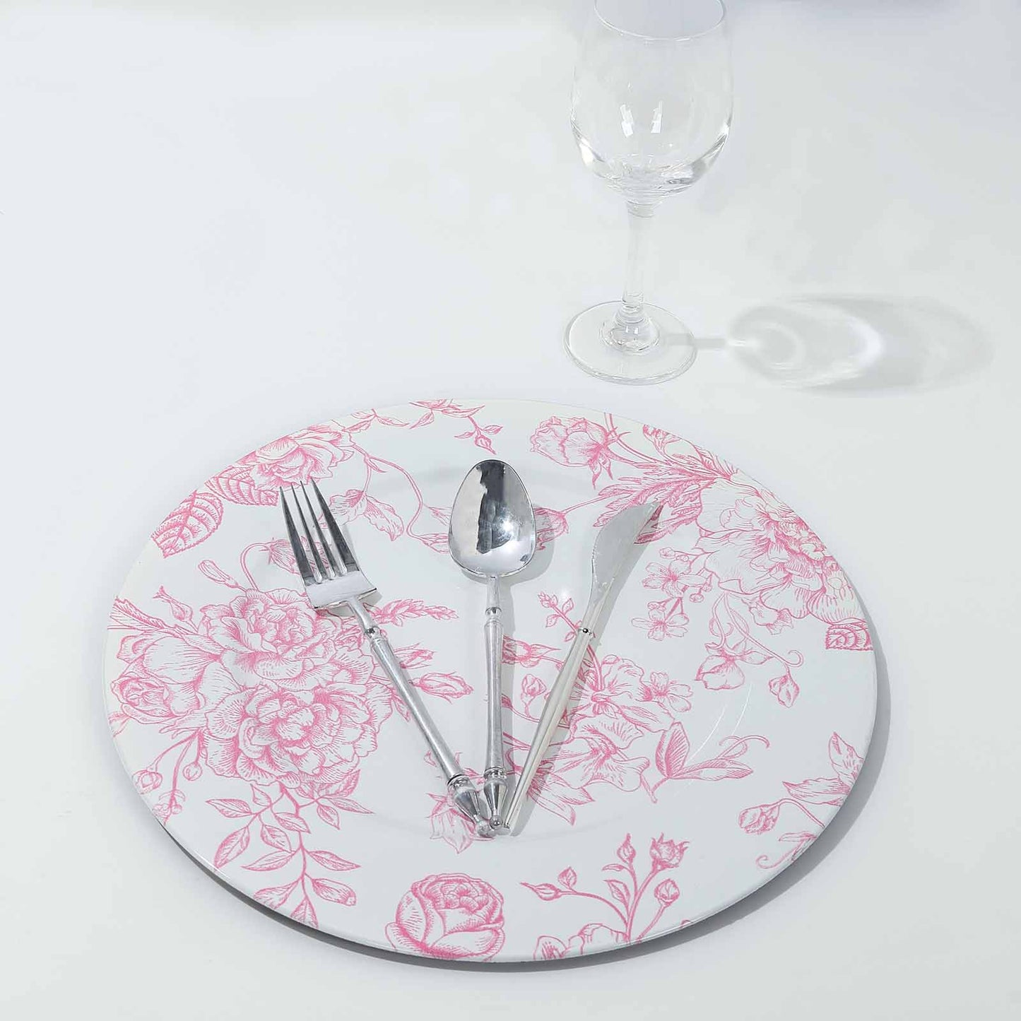 6-Pack Acrylic Round Charger Plates 13" in White with Pink Floral French Toile Pattern, Decorative Dinner Party Charger Tableware