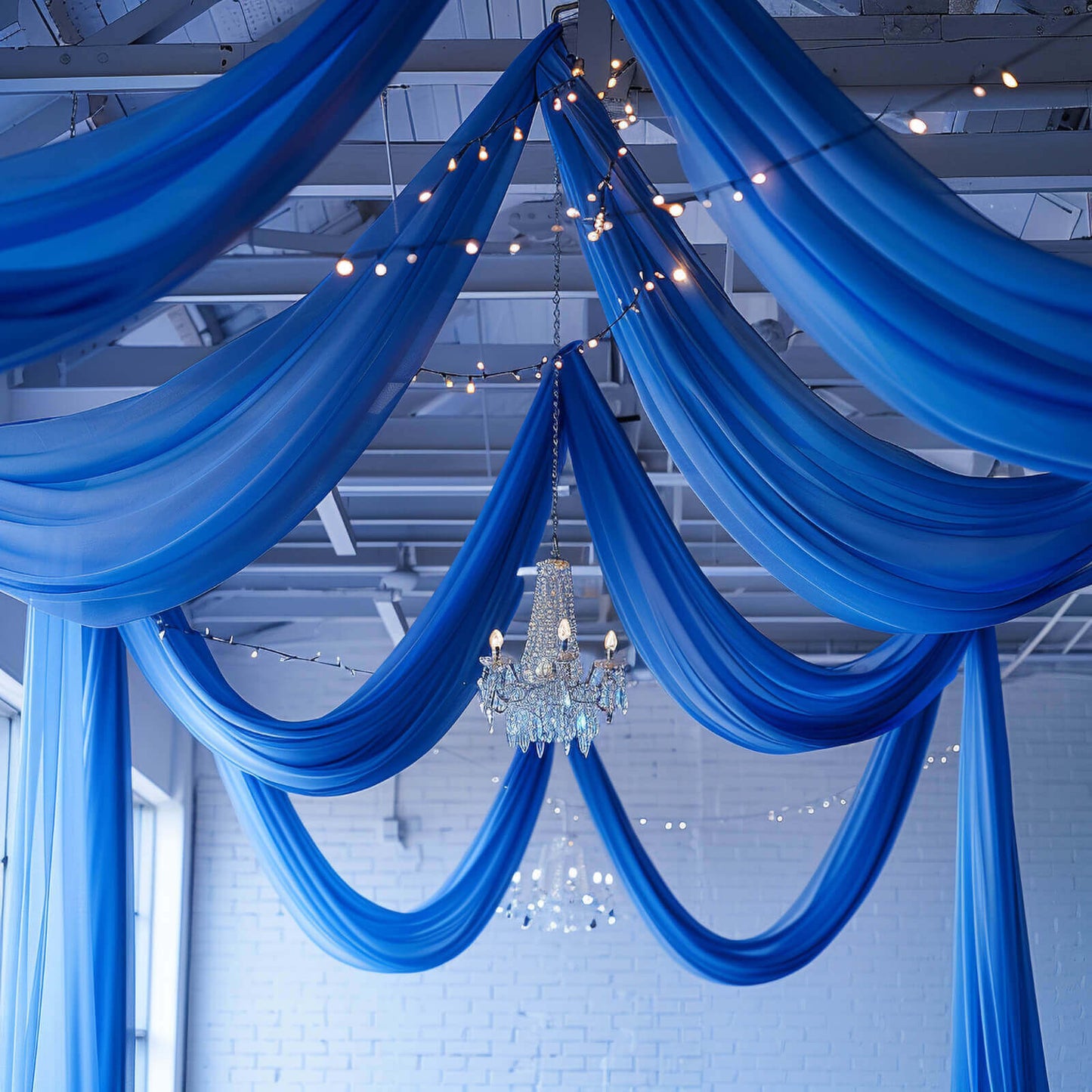 5ftx32ft Royal Blue Chiffon Curtain Panel, Durable Flame Resistant Backdrop Ceiling Drapery With Rod Pocket