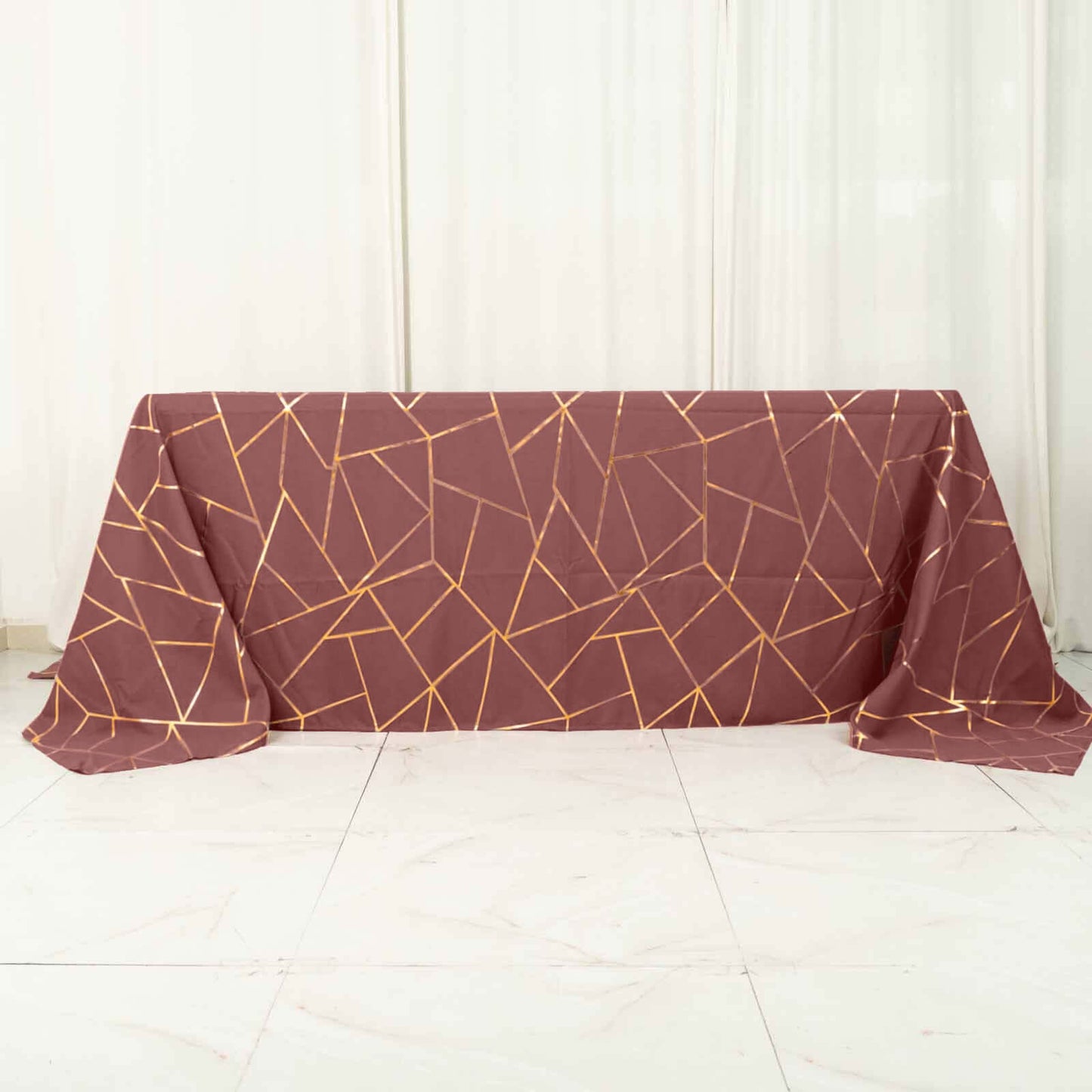 Polyester 60"x132" Rectangle Tablecloth Cinnamon Rose with Gold Foil Geometric Pattern - Wrinkle-Resistant and Durable Table Cover for Weddings & Events