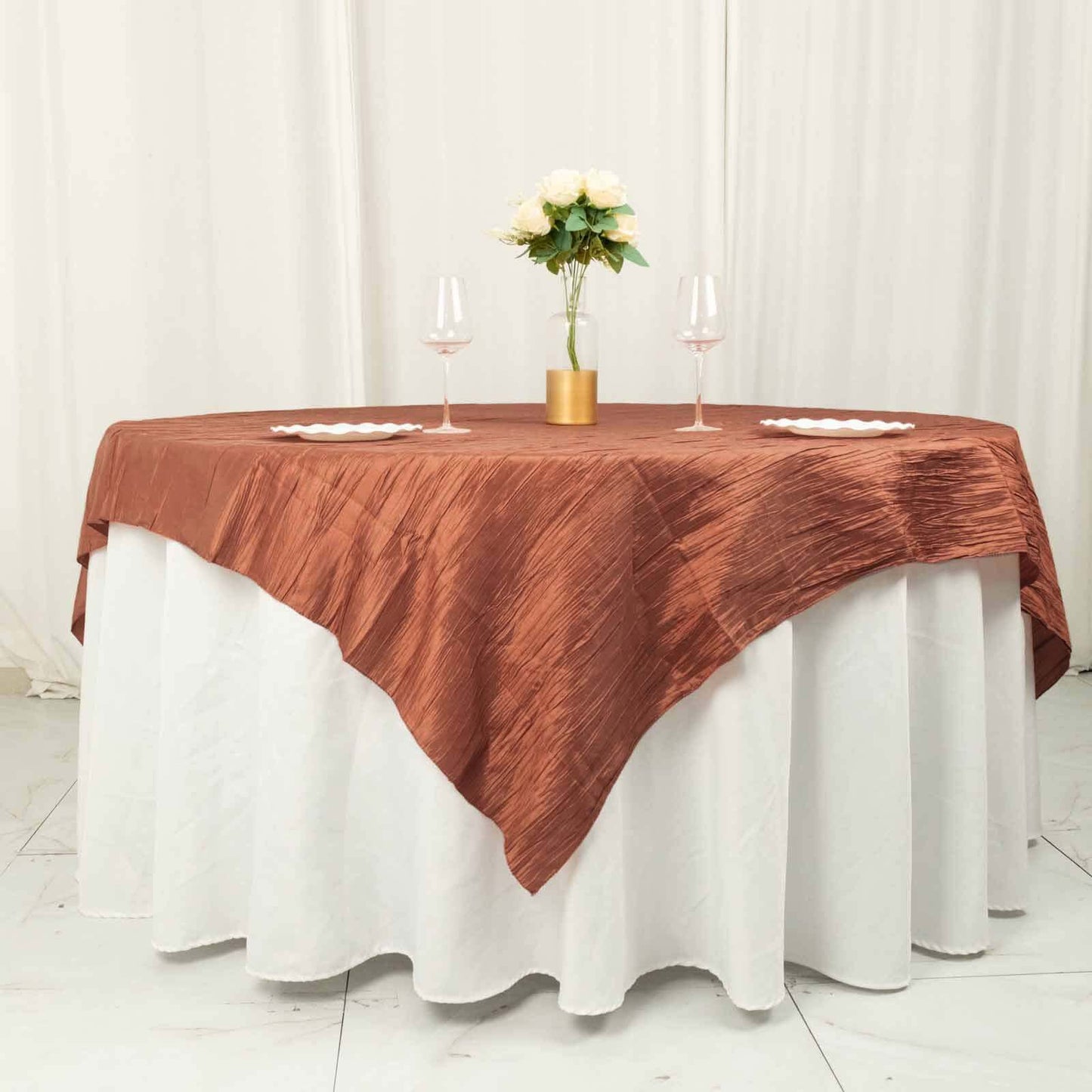 Taffeta 72"x72" Table Overlay Square Tablecloth Terracotta (Rust) - Accordion Crinkle Table Cover