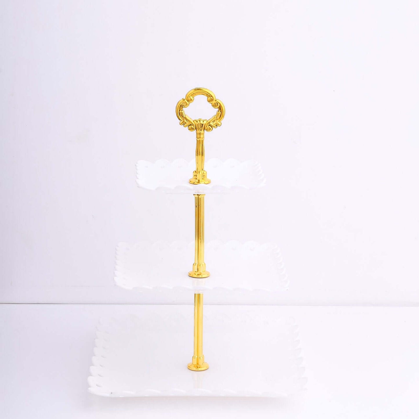 3-Tier Plastic Square Cupcake Stand Tower White - Charming Disposable Dessert Display Serving Tray Platter with Heart Wavy Edge & Gold Top Handle for Tea Parties Weddings & Special Occasions 13"