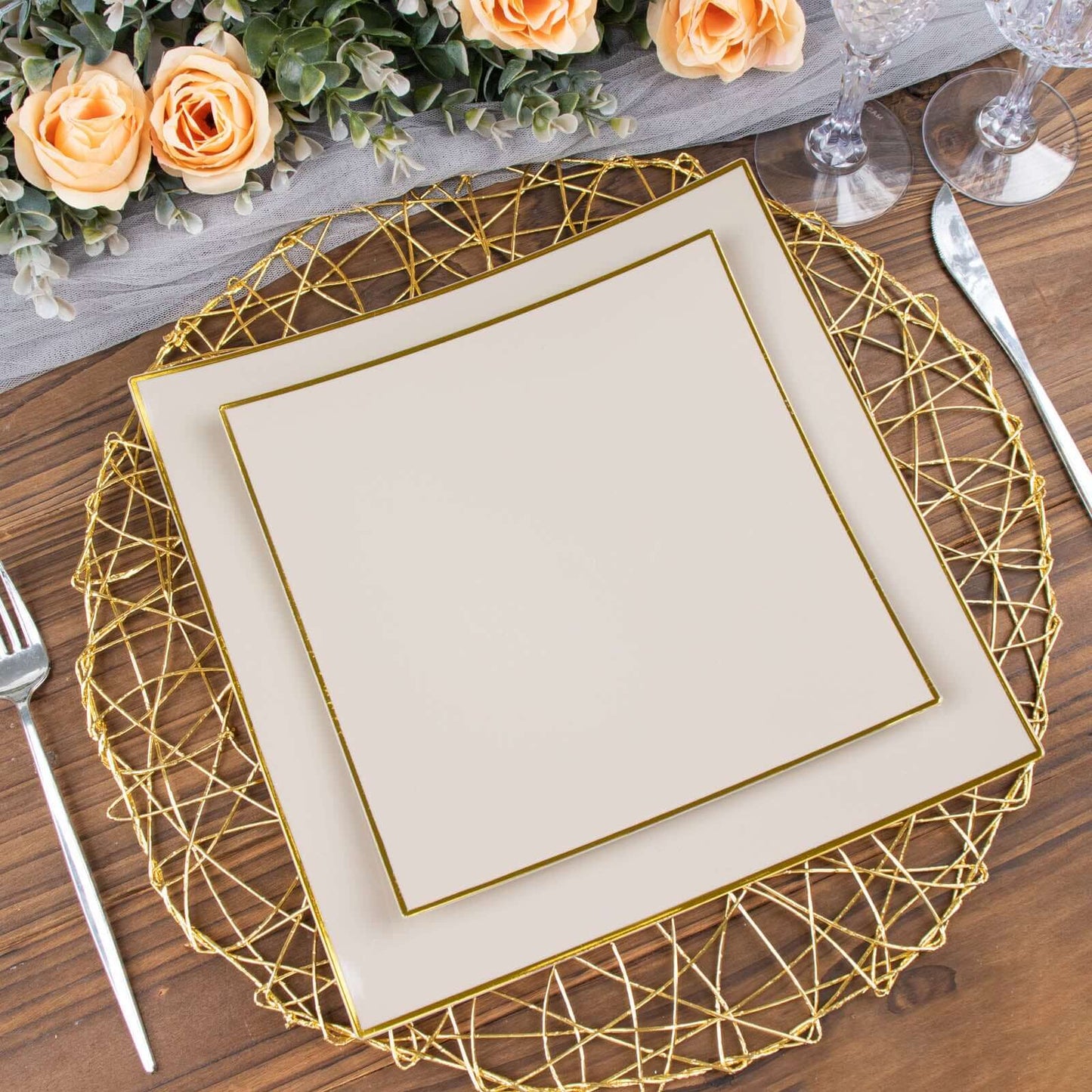 10-Pack Plastic 8" Square Dessert Plates in Taupe Concave Style with Gold Rim - Modern Disposable Salad Appetizer Party Plates