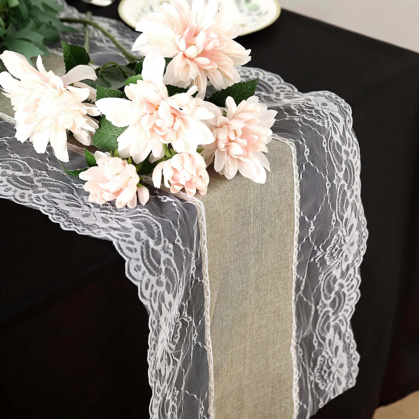 Faux Burlap Jute 16"x108" Table Runner Taupe With White Lace Edging - Rustic Farmhouse Table Linen