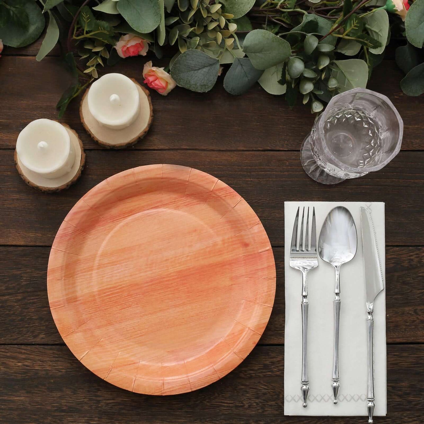25-Pack Paper 10" Round Dinner Plates Natural Wood Grain Print - Rustic & Nature-Inspired Disposable Party Plates