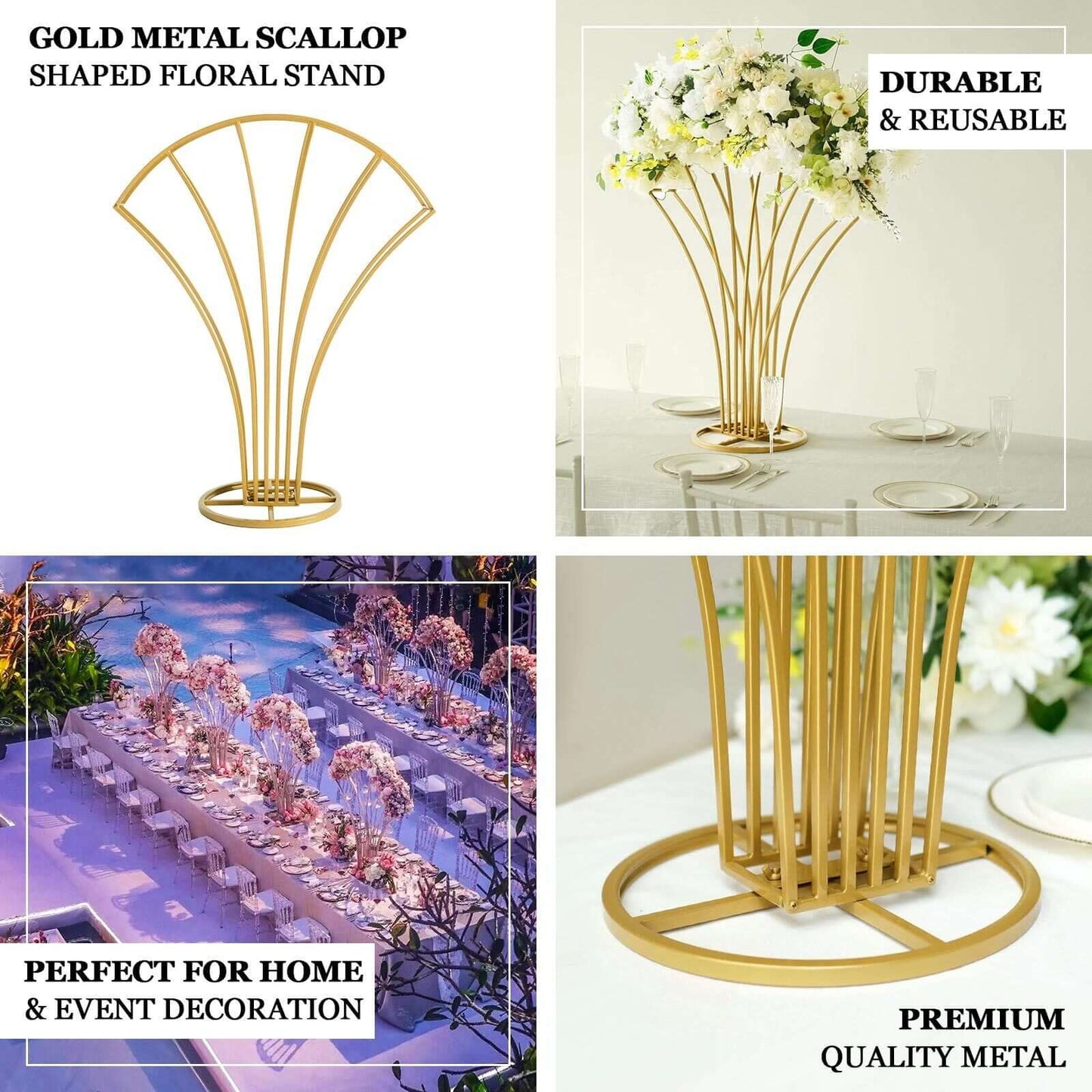 Metal Table Centerpiece Gold Scalloped Fan Shape Design - Wedding Floral Display Flower Frame Stand 32"