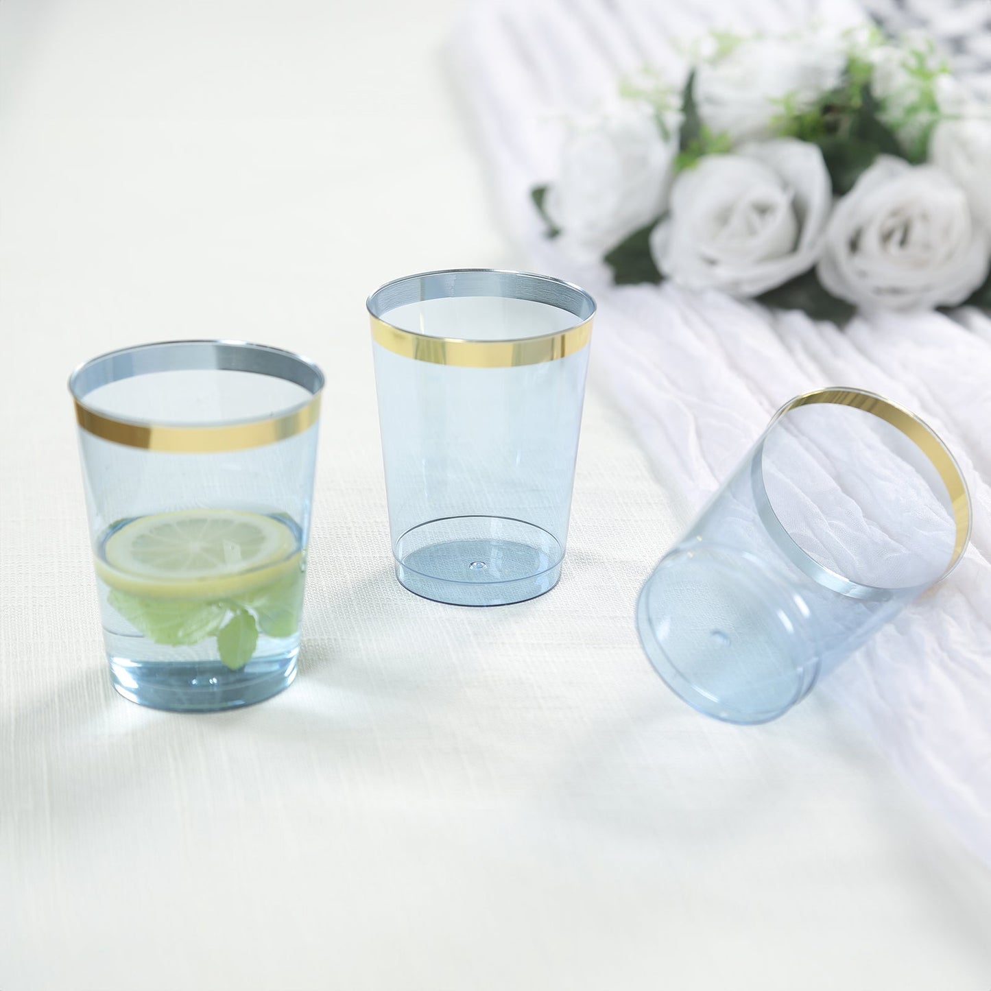 25-Pack Plastic Tumbler Cups Transparent Dusty Blue with Gold Rim - Stylish Disposable Party Glasses 10oz