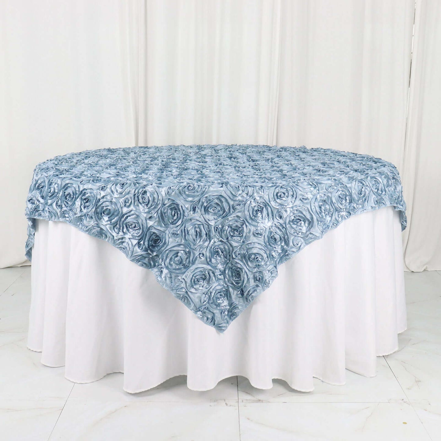 Satin 72"x72" Table Overlay Square Tablecloth Dusty Blue - 3D Rosette Table Cover