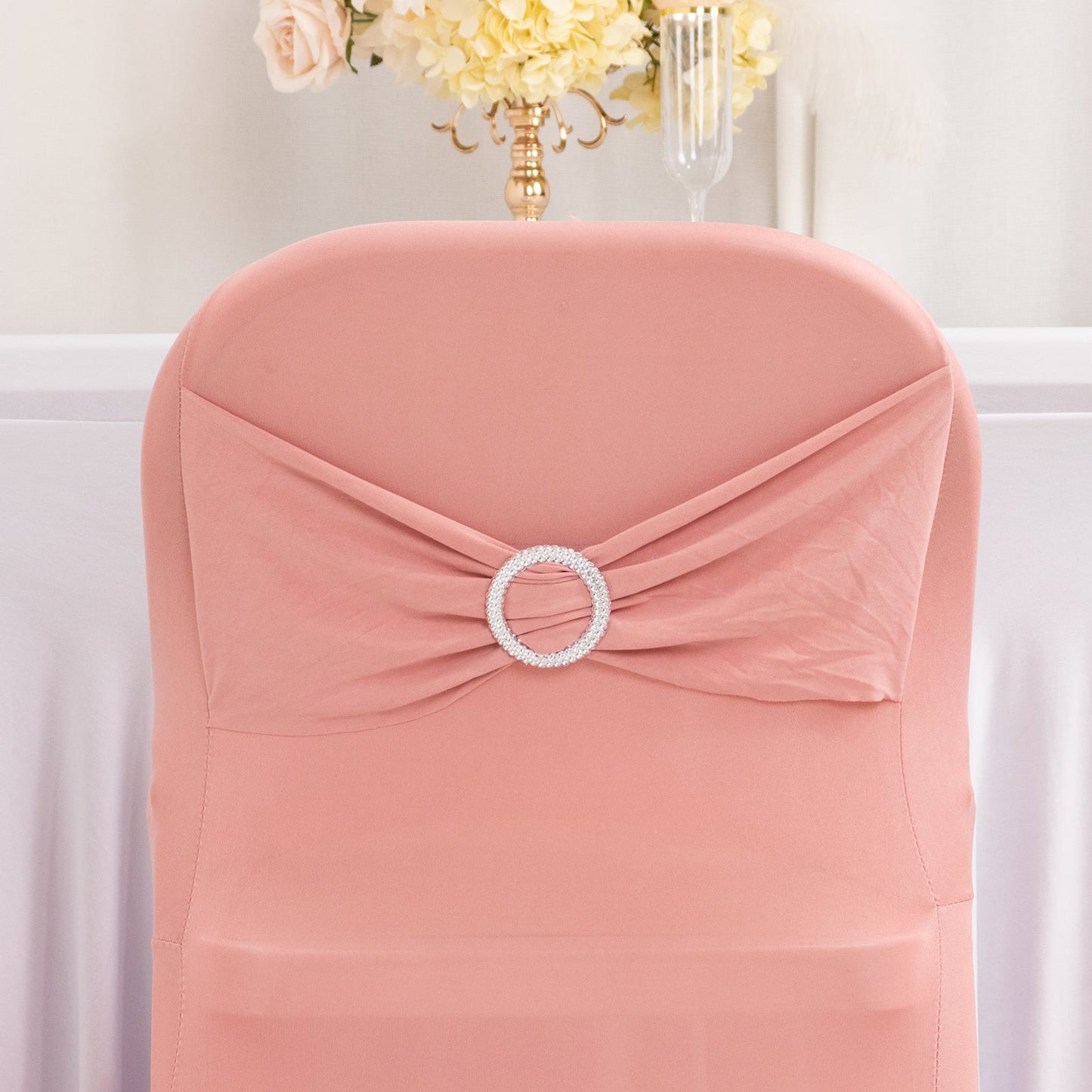 Stretch Spandex Chair Cover Dusty Rose for Folding Chairs - Secure Fit Slipcover with Silver Rhinestone Buckled Sash Band
