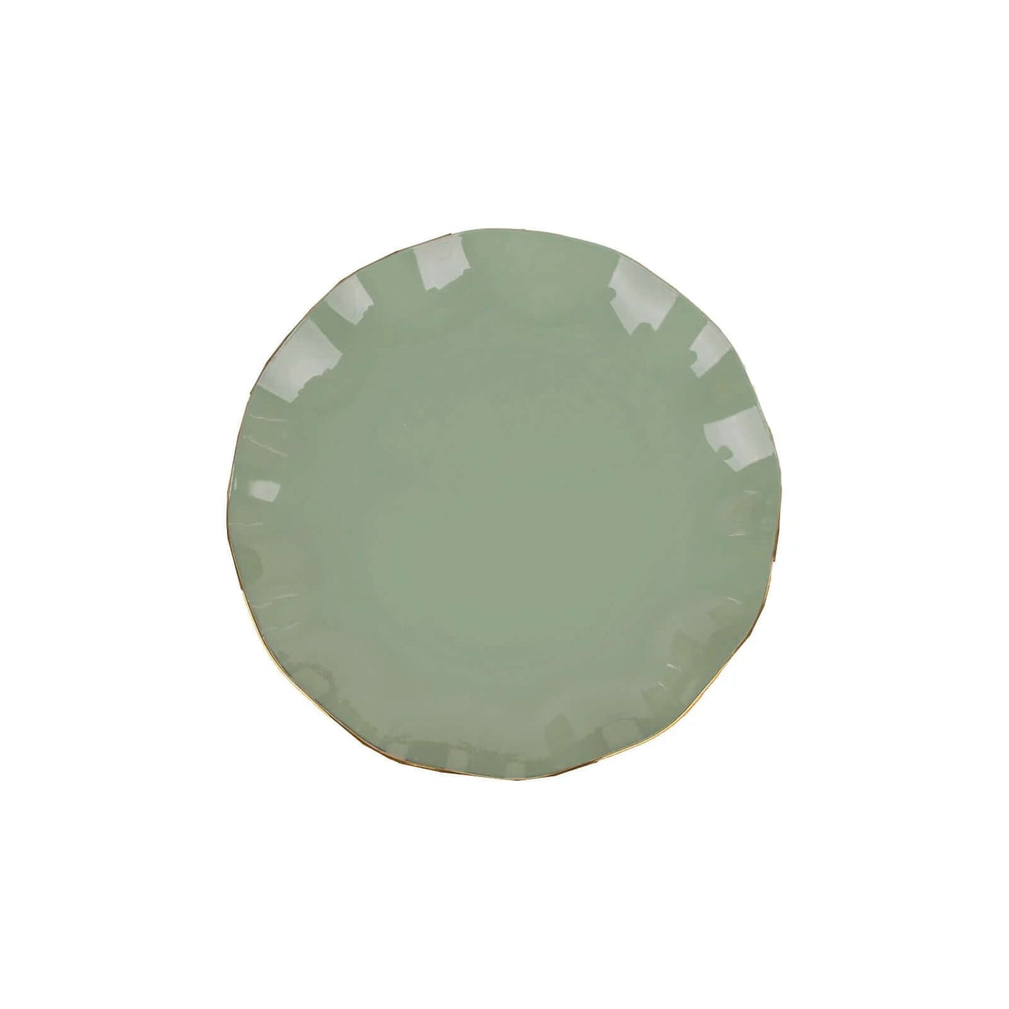 10-Pack Plastic Round 6" Dessert Plates in Dusty Sage Green Ruffled Rim with Gold Edging - Sturdy Disposable Salad Appetizer Dinnerware