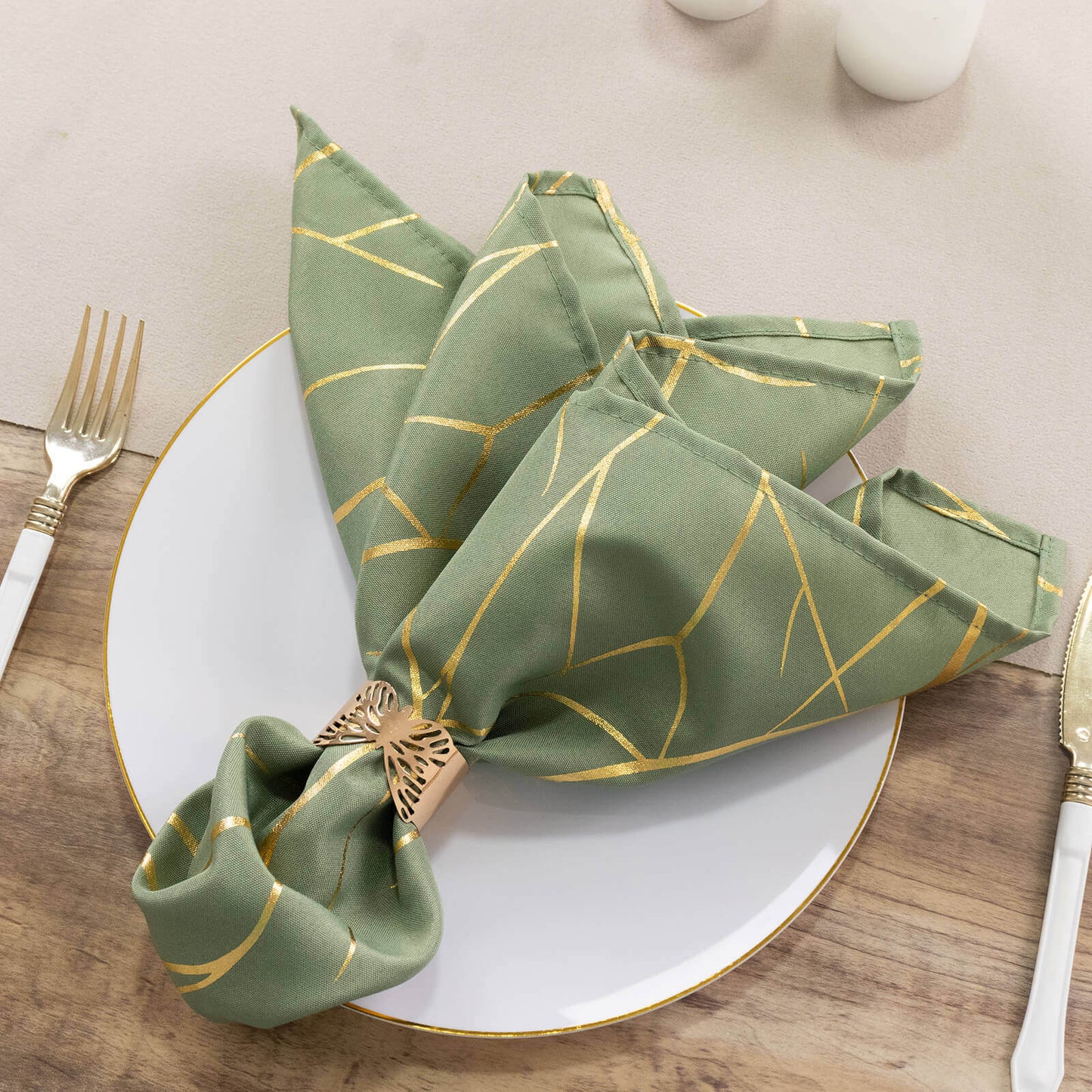 5 Pack Polyester 20"x20" Napkins Dusty Sage Green with Gold Foil Tree Branch Pattern - Modern Wrinkle Resistant Cloth Napkins for Weddings & Parties