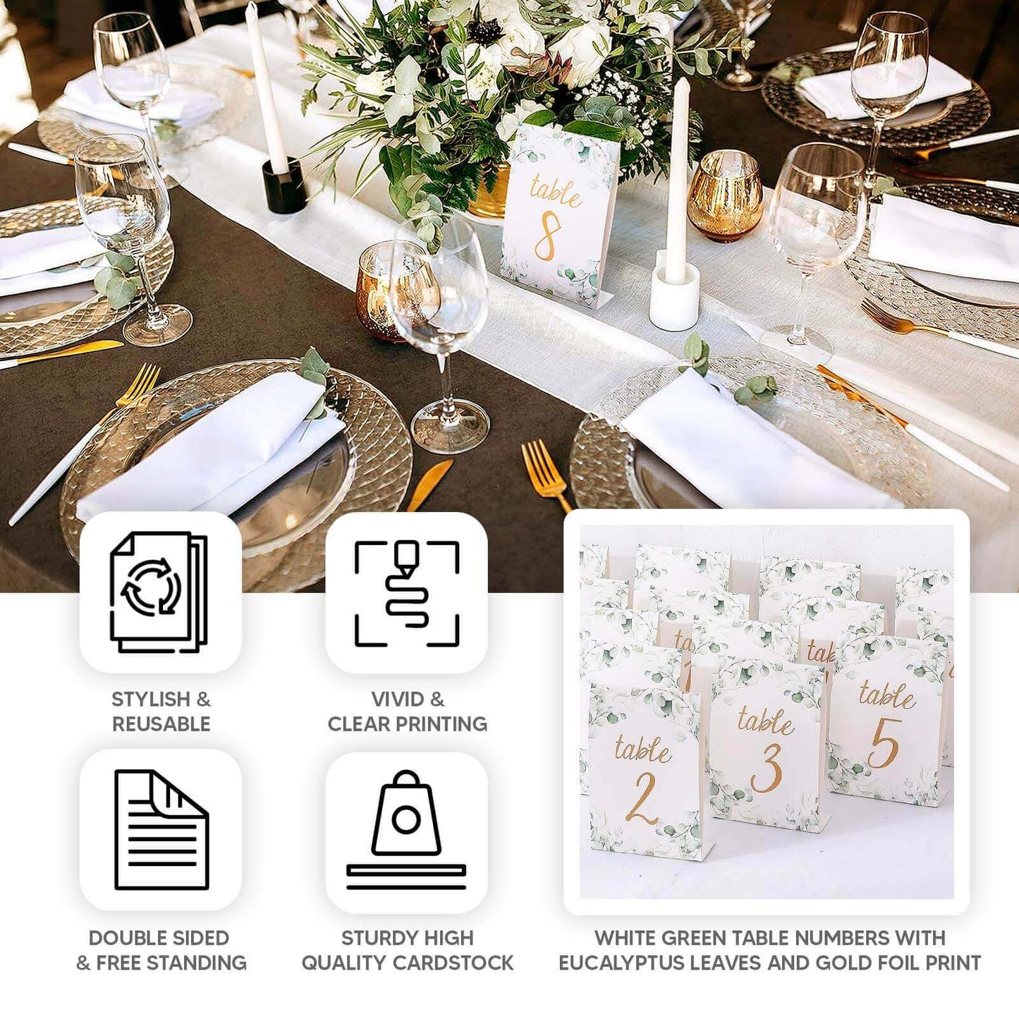 25-Pack Paper Wedding Table Numbers 1-25 White/Green Eucalyptus Leaves Design - Free Standing Double Sided Table Signs with Glam Gold Foil Numbers 7"