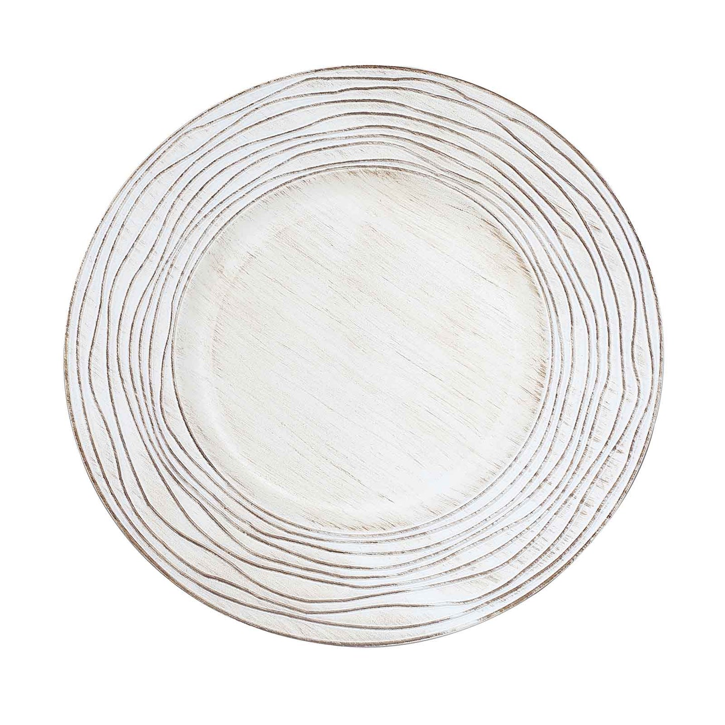 6-Pack Faux Wood Round Charger Plates 13" White Washed with Rose Embossed Rim, Disposable Plastic Charger Tableware