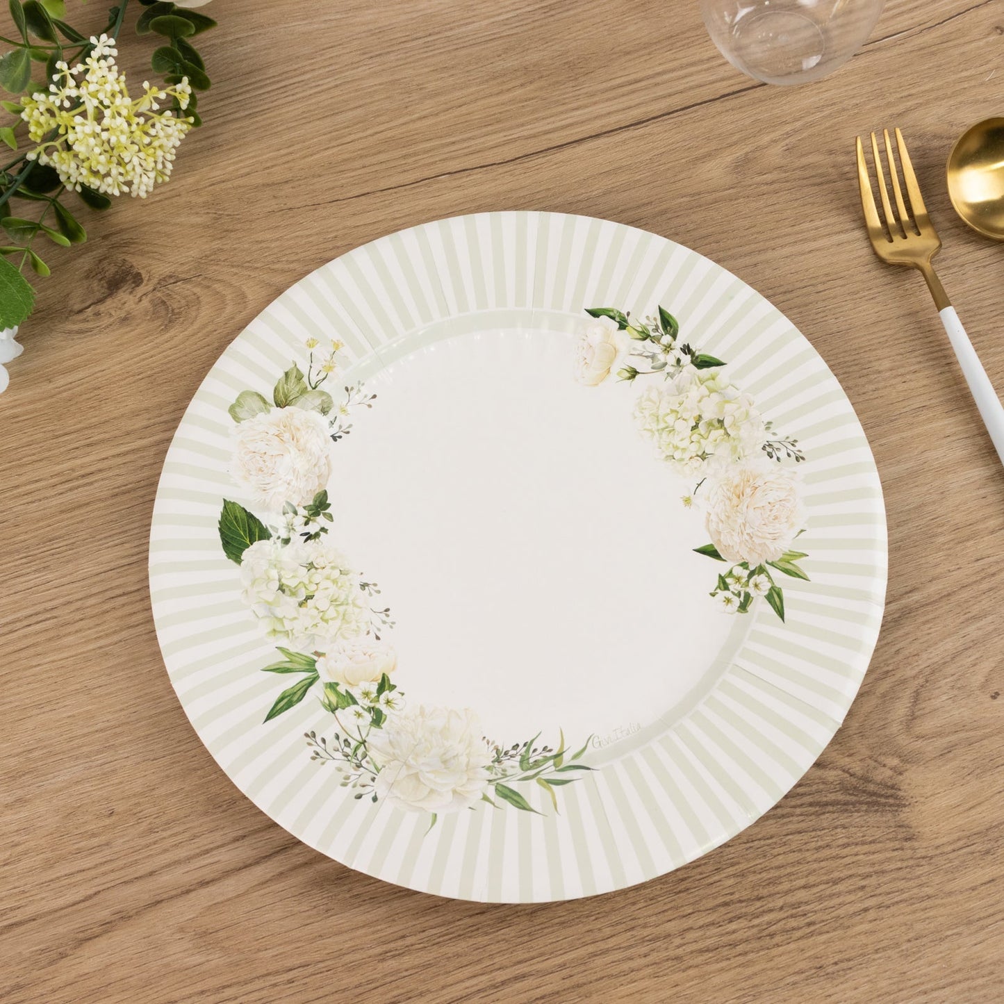 25-Pack Paper 10" Round Dinner Plates in White with Sage Green Floral Print & Lined Rim - Disposable Party Plates for Bridal Showers & Luncheons