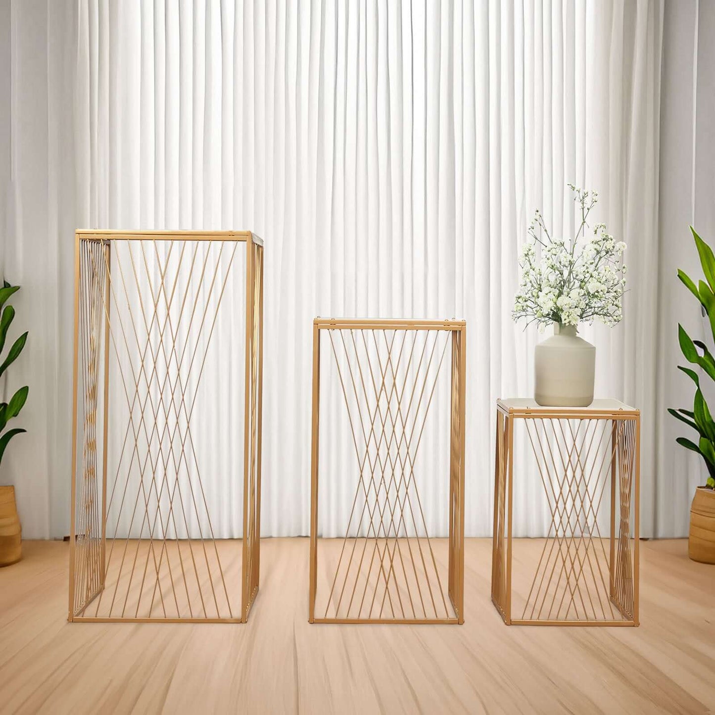 Set of 3 Gold Metal Rectangular Plant Stands with Geometric Crossed Lines Pattern, Nesting Cake Dessert Tables Floral Display Stands - 19",27",35"