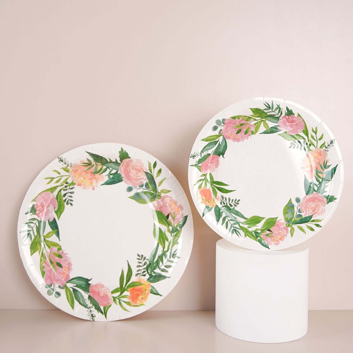 25-Pack Paper 9" Round Dinner Plates in White with Rose/Peony Flower Wreath - Disposable Party Plates for Bridal Showers & Garden Parties