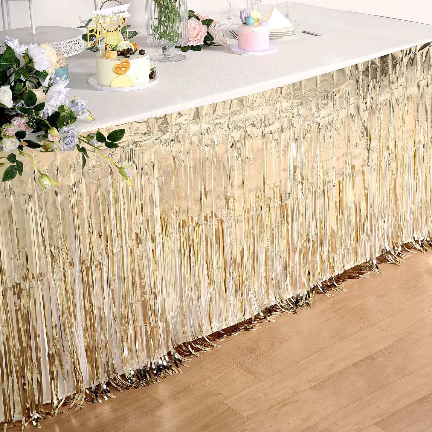 Metallic Foil Fringe Table Skirt Champagne with Self Adhesive Backing - Durable Tinsel Skirt for Parties 30"x9ft