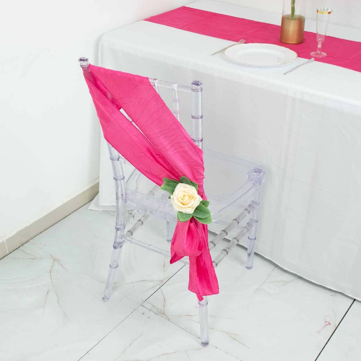 5 Pack Taffeta 6"x106" Chair Sashes Fuchsia Accordion Crinkle Texture - Stylish Decor for Weddings & Gatherings