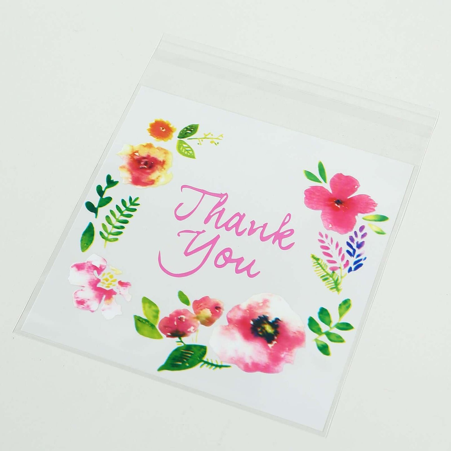 100-Pack PVC Cookie Candy Bags White/Clear - Decorative Self Adhesive Goodie Bags With "Thank You" Print & Floral Accents for Stylish Wedding Birthday Party Favors 6"x7"