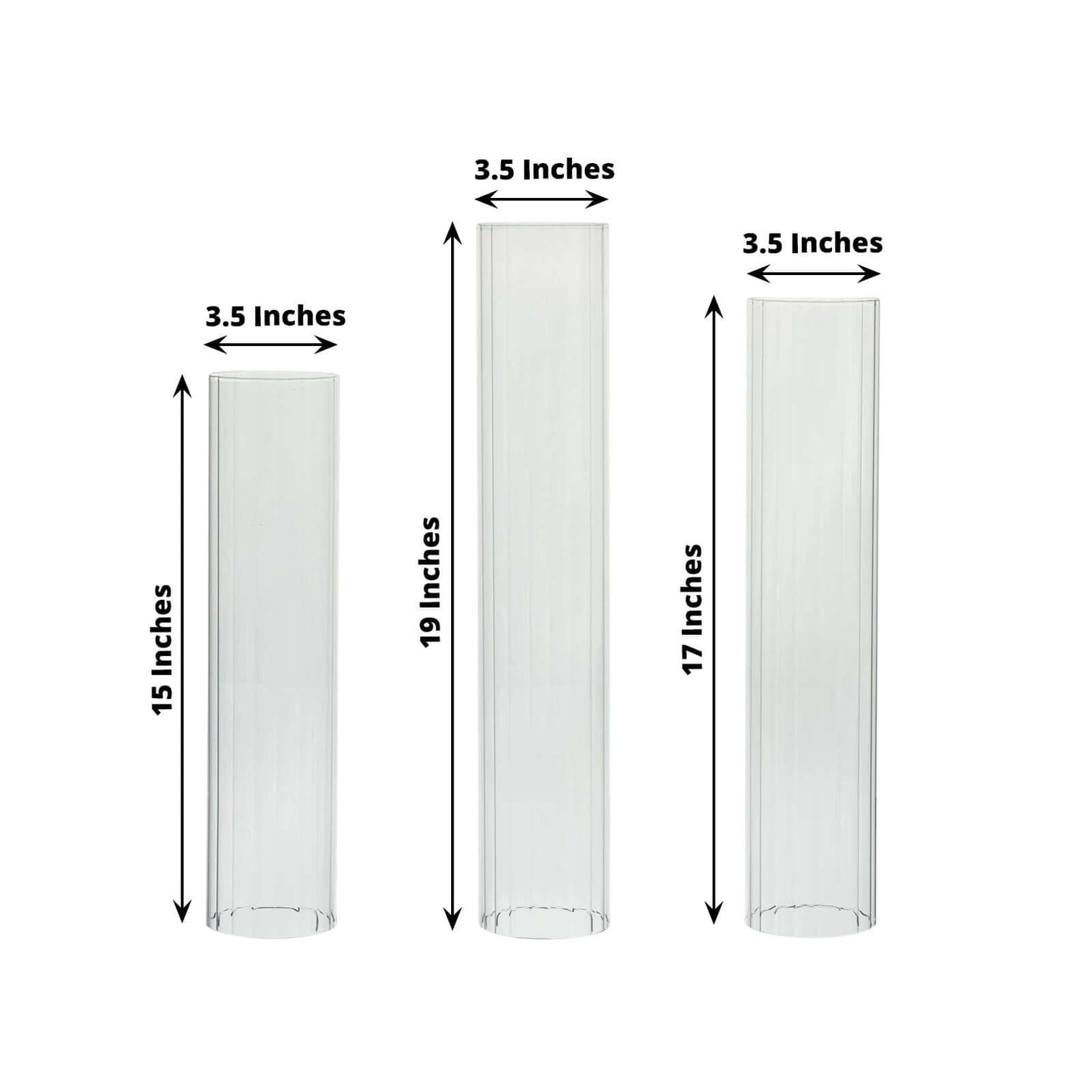 Set of 3 Clear Ribbed Glass Hurricane Shades Open End Design - Stylish Candelabra Pillar Candle Holder Table Centerpiece 15", 17", 19"