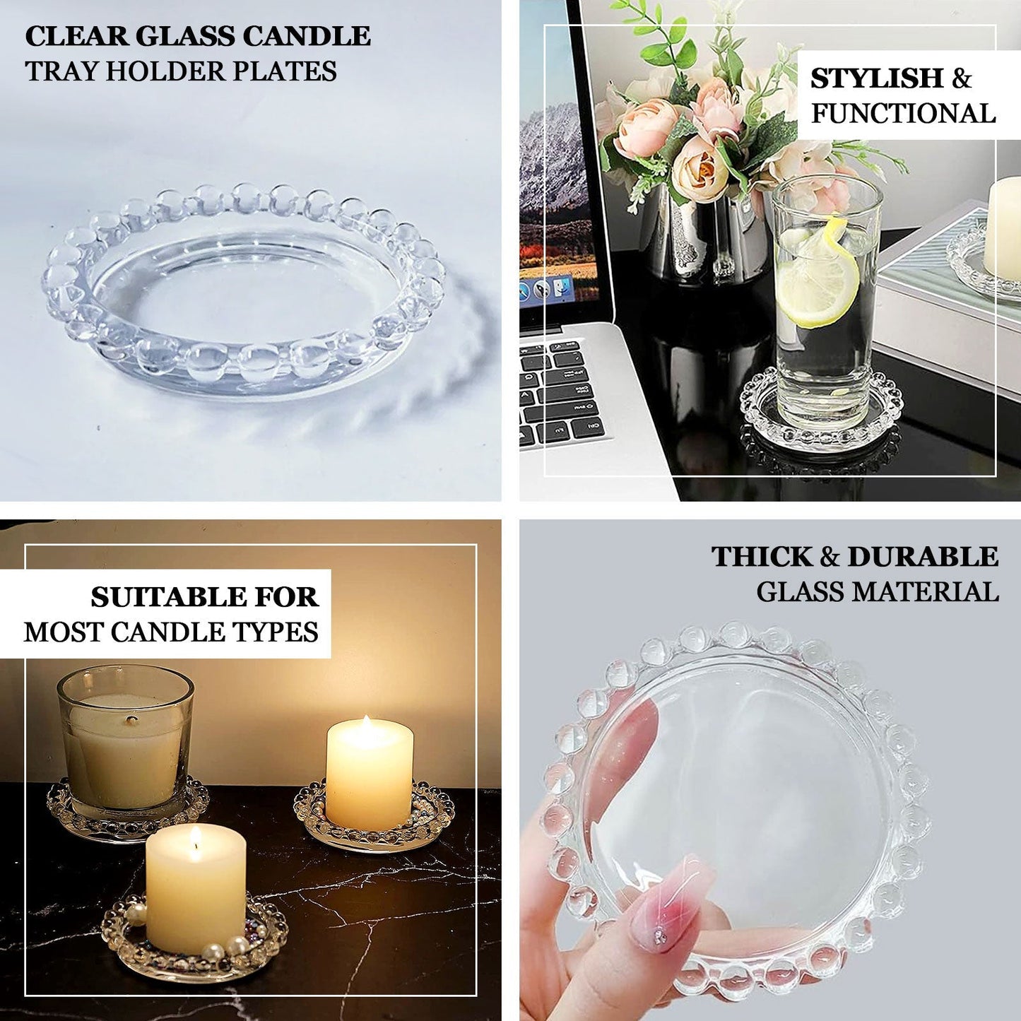 6-Pack Glass Pillar Candle Holder Plates Clear with Beaded Rims - Transparent Small Round Coaster Trays 4"