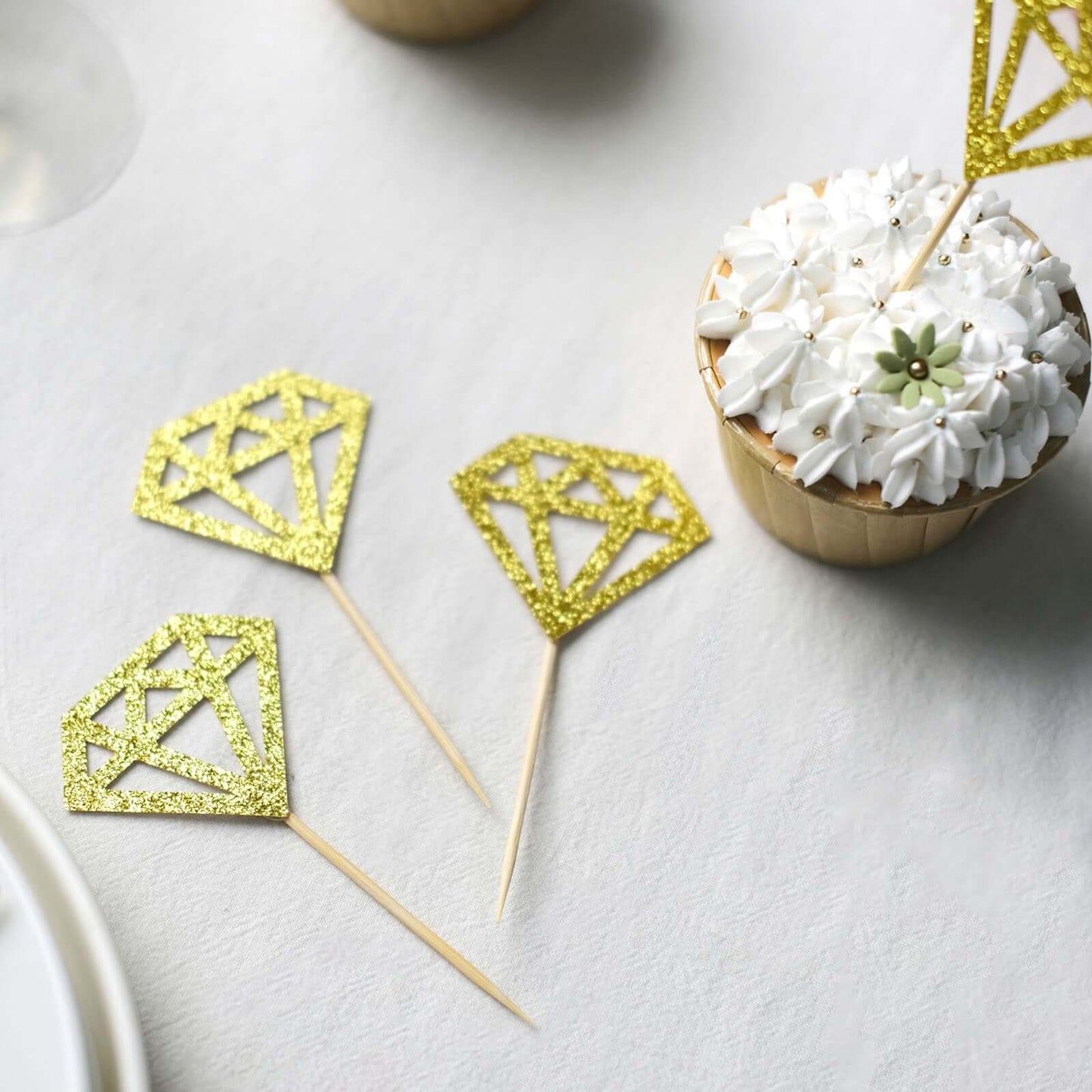 24-Pack Cupcake Toppers Diamond Ring Design Glitter Gold - Party Cake Picks Engagement Decoration Supplies