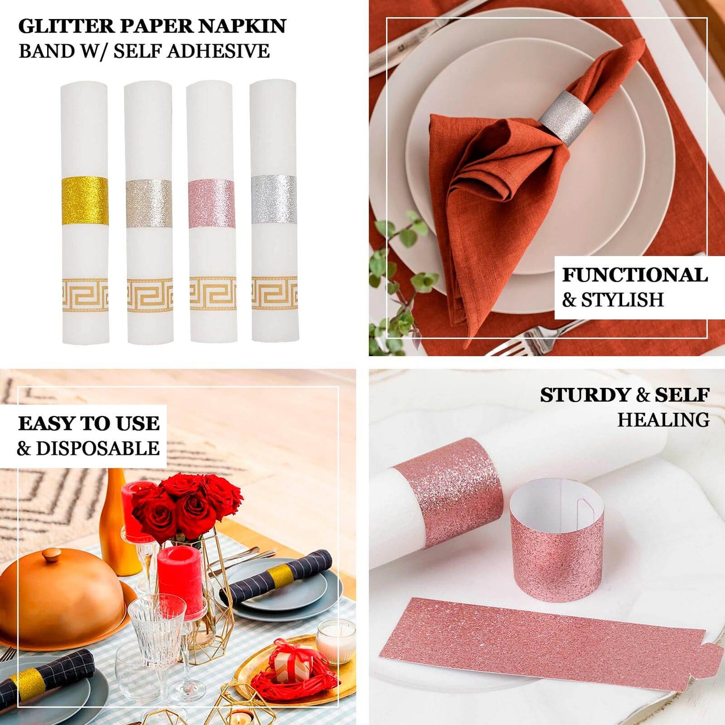 50-Pack Paper Napkin Rings Gold Glitter - Stylish Disposable Napkin Holders 1.5"