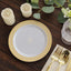 10-Pack Plastic Round Dessert Plates 7" White with Beige Gold Spiral Rim - Disposable Salad Plates